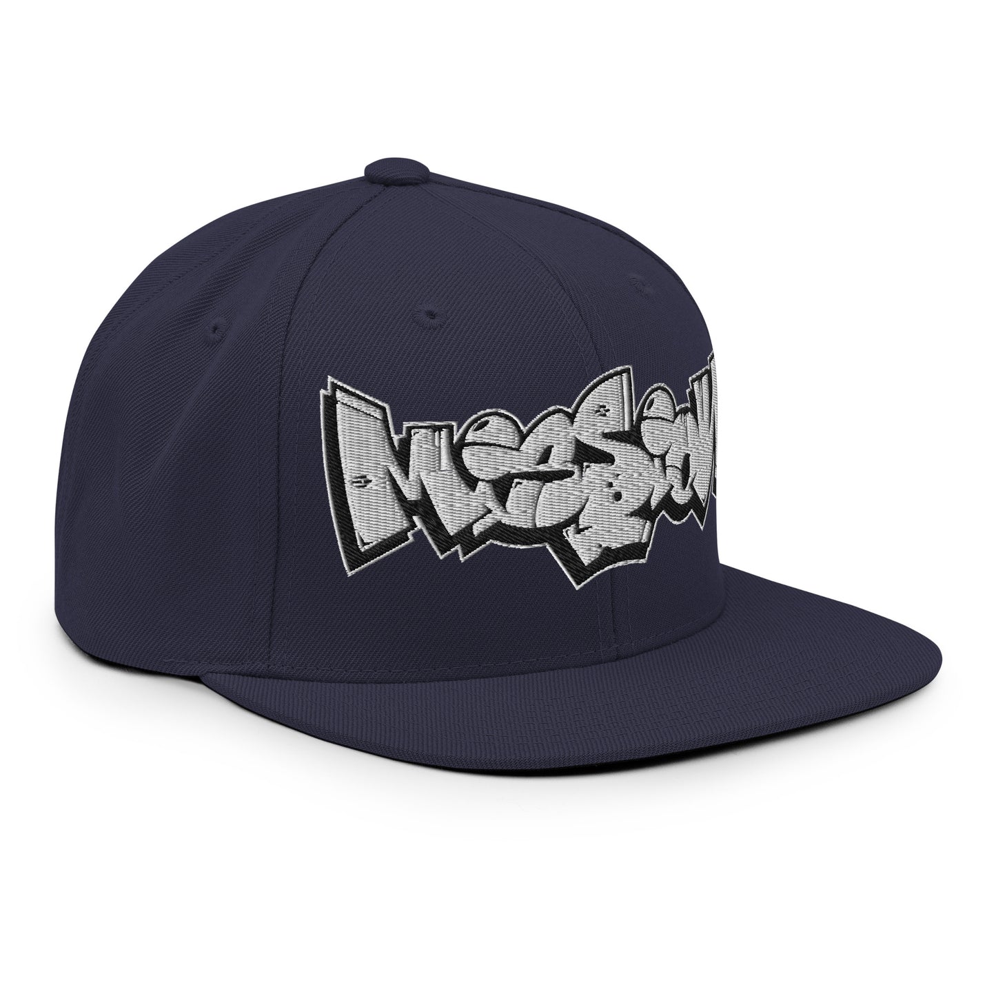 Navy-Mission Graffiti Piece Snapback Hat from B.Different Clothing, 3/4 right view, graffiti-inspired streetwear