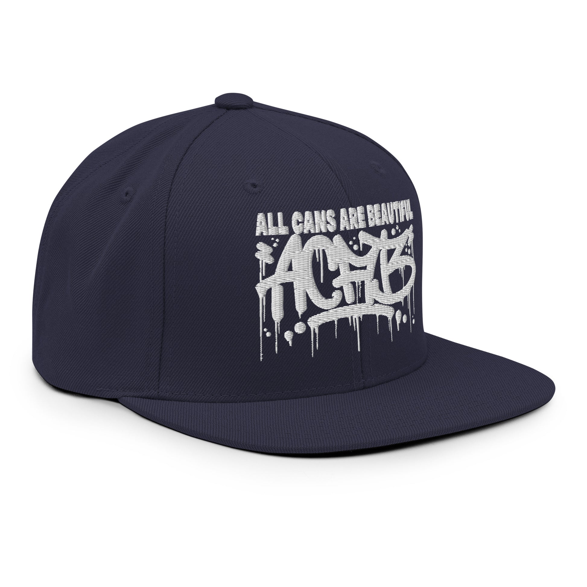 Navy-ACAB Graffiti Tag Snapback Hat from B.Different Clothing, 3/4 right view, graffiti-inspired streetwear
