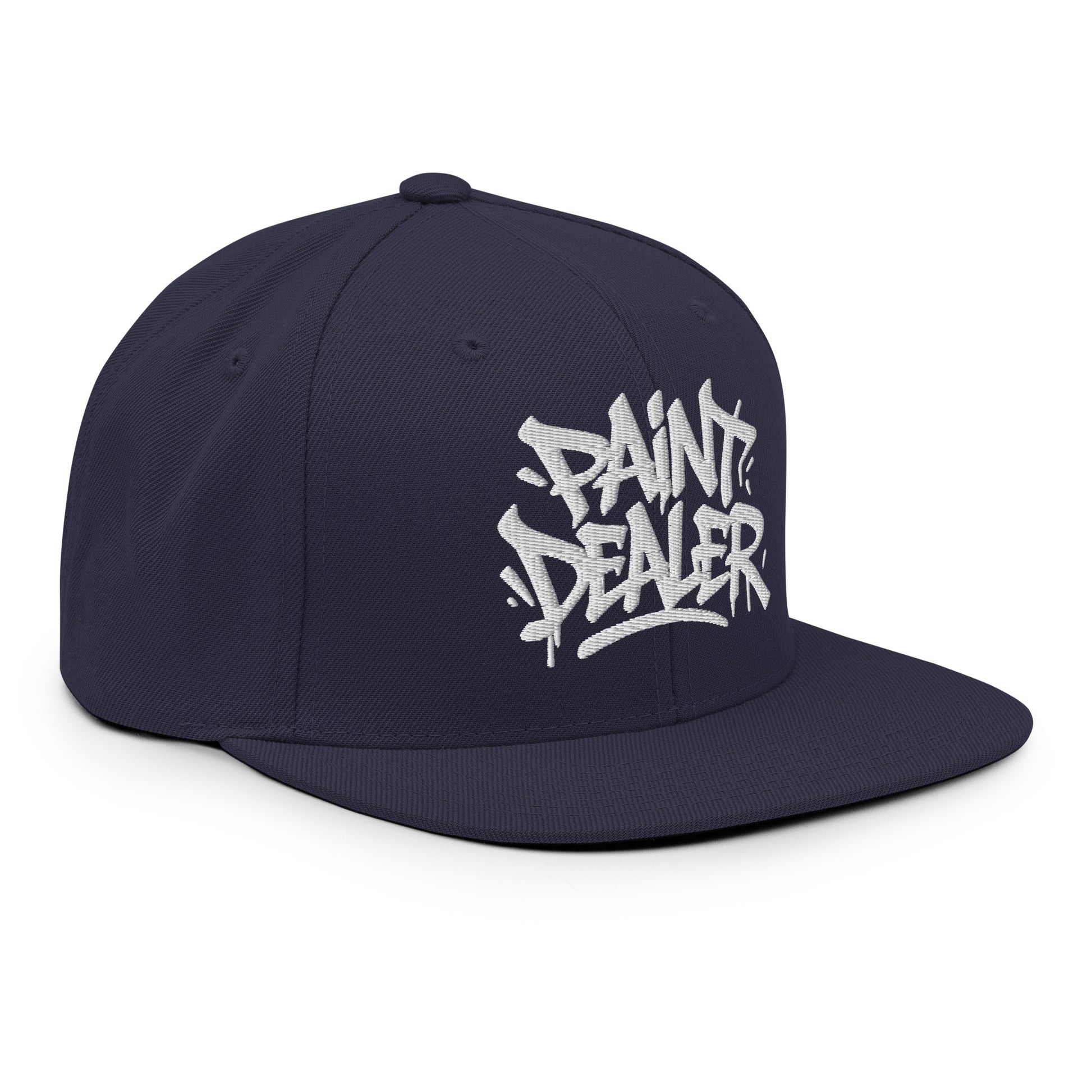 Navy-Paint Dealer Graffiti Tag Snapback Hat from B.Different Clothing, 3/4 right view, graffiti-inspired streetwear