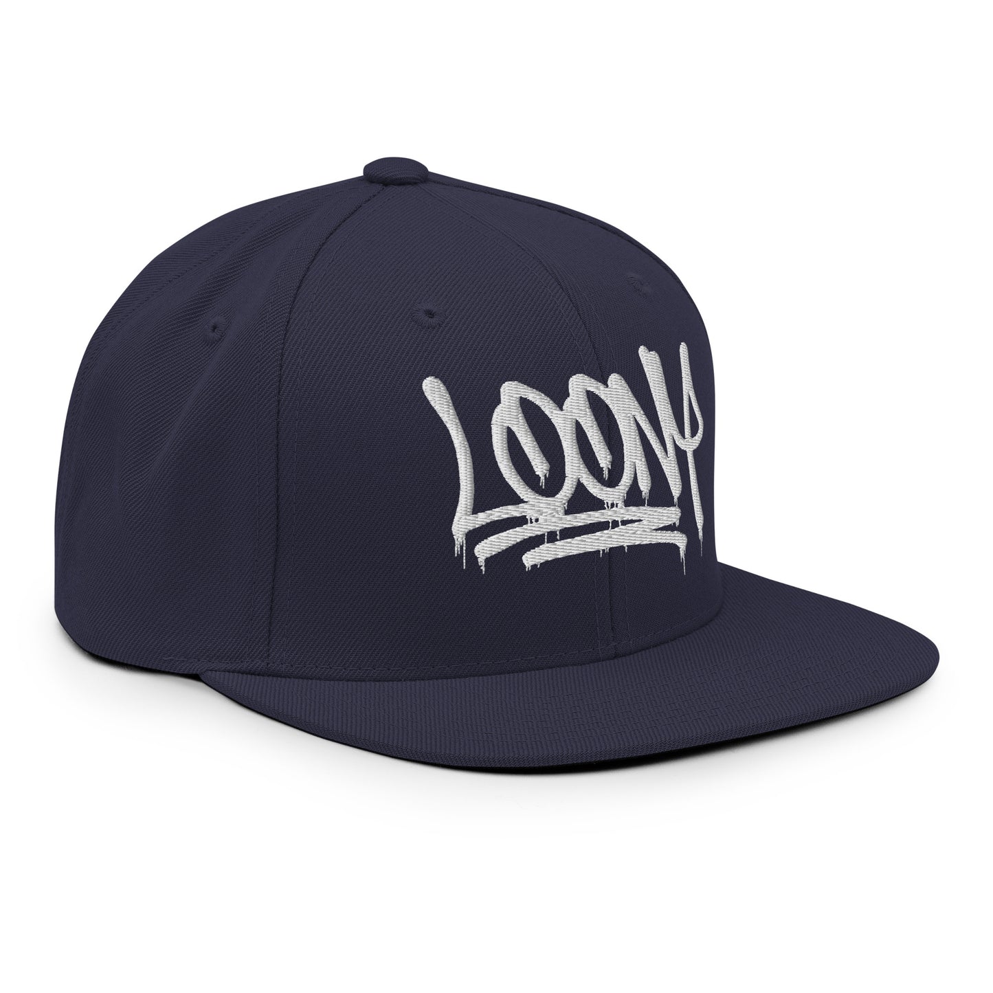 Navy-Loony Graffiti Tag Snapback Hat from B.Different Clothing, 3/4 right view, graffiti-inspired streetwear