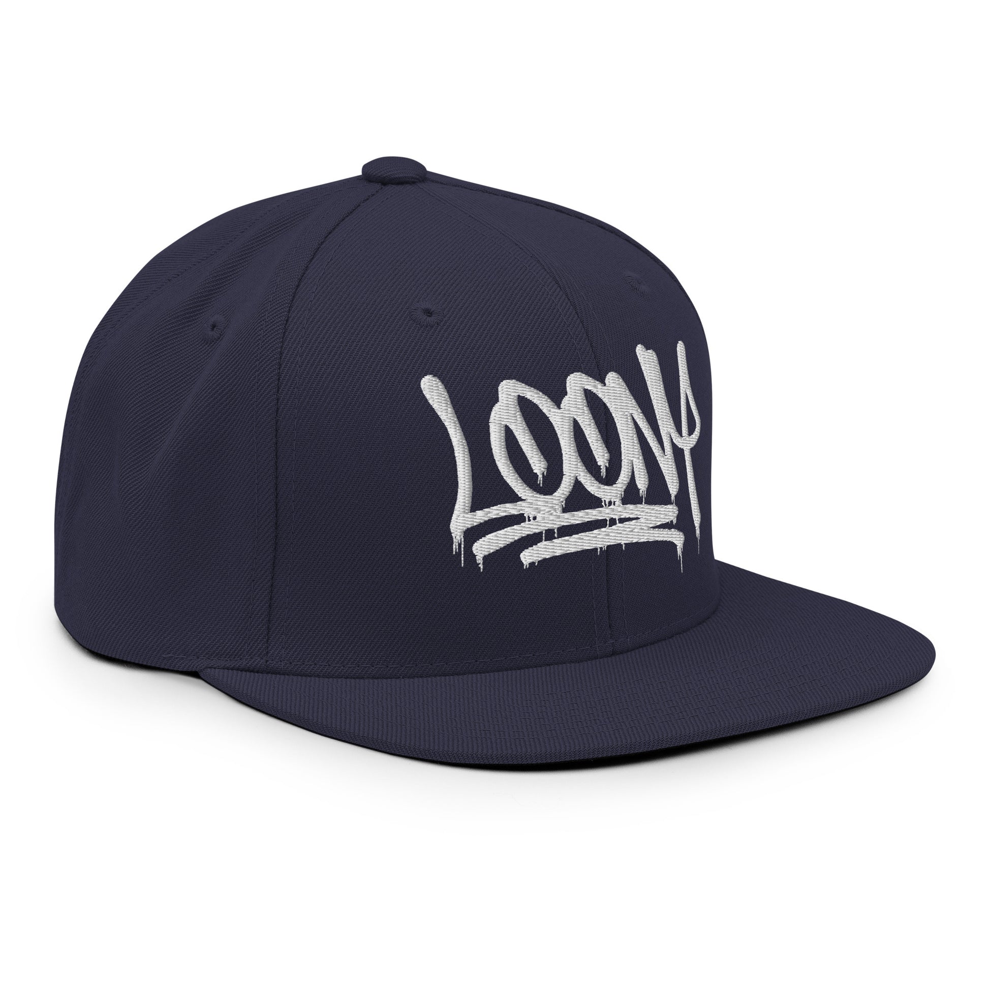 Navy-Loony Graffiti Tag Snapback Hat from B.Different Clothing, 3/4 right view, graffiti-inspired streetwear