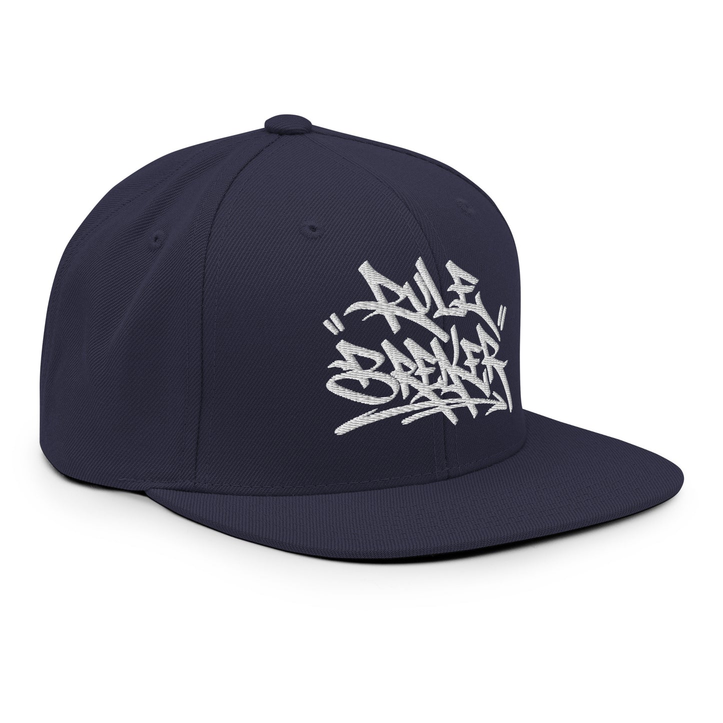 Navy-Rule Breaker Graffiti Tag Snapback Hat from B.Different Clothing, right front, graffiti-inspired streetwear