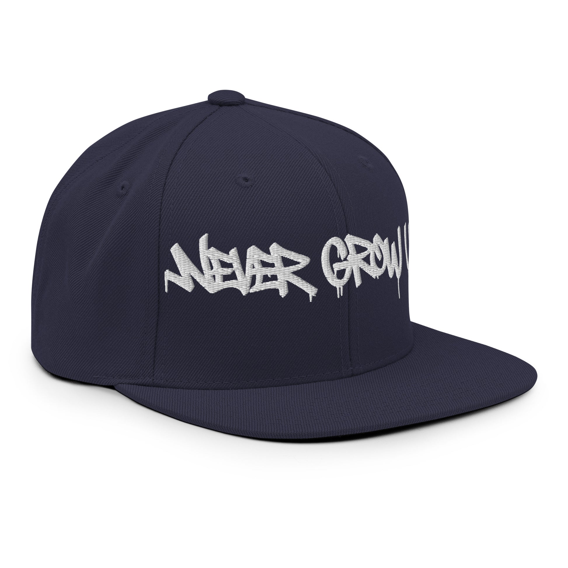 Navy-Never Grow Up Graffiti Snapback Hat from B.Different Clothing, right front, graffiti-inspired streetwear