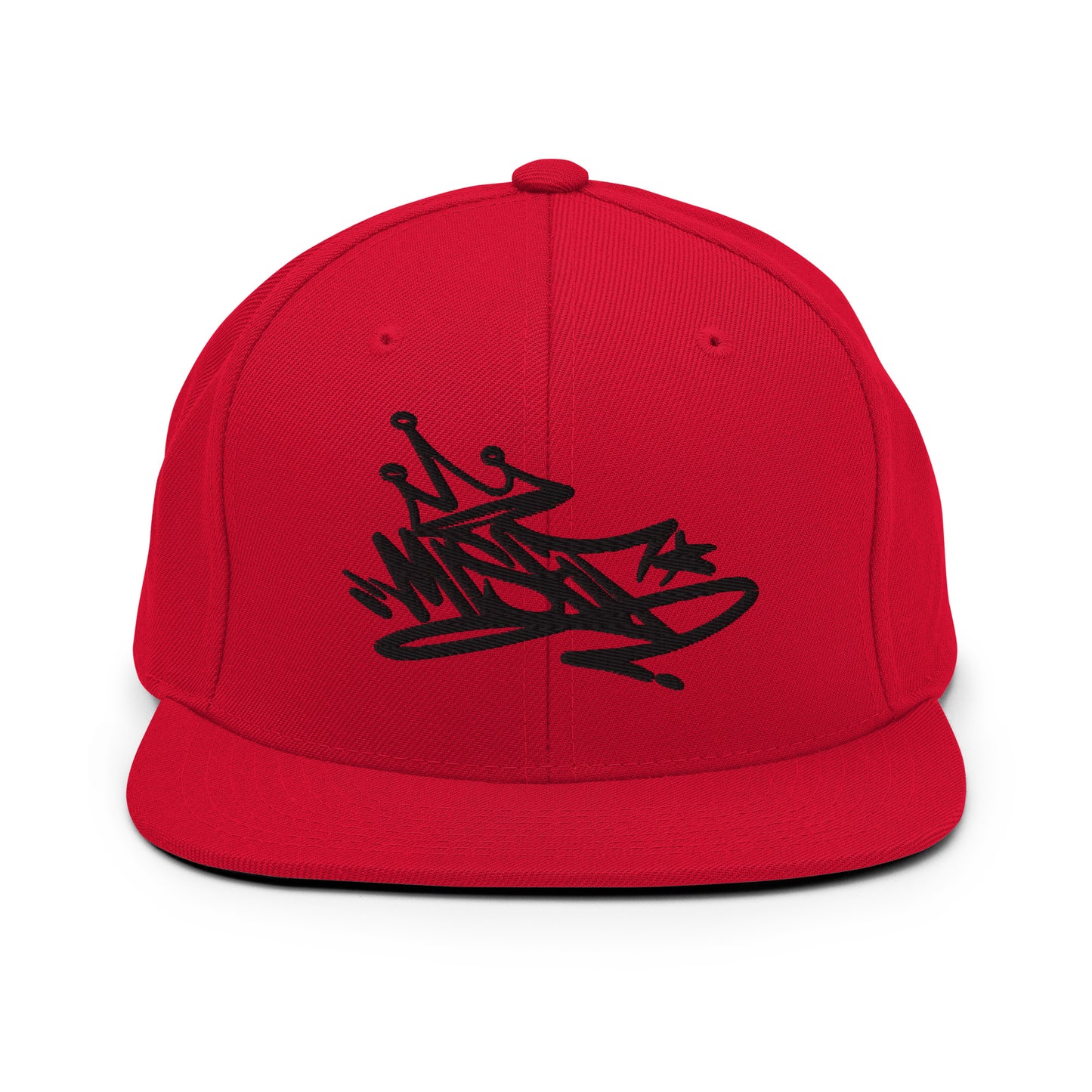 Red-Misfit Graffiti Tag Snapback Hat from B.Different Clothing, front view, graffiti-inspired streetwear
