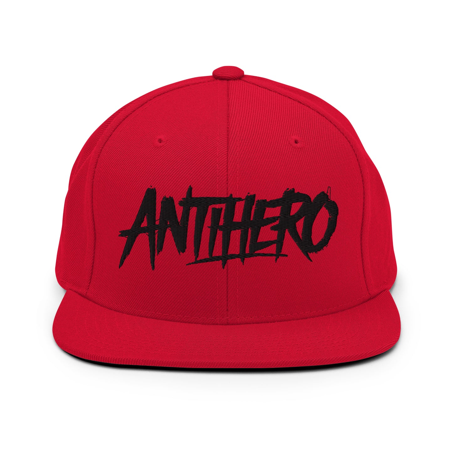 Red-Antihero Graffiti Tag Snapback Hat from B.Different Clothing, front view, graffiti-inspired streetwear