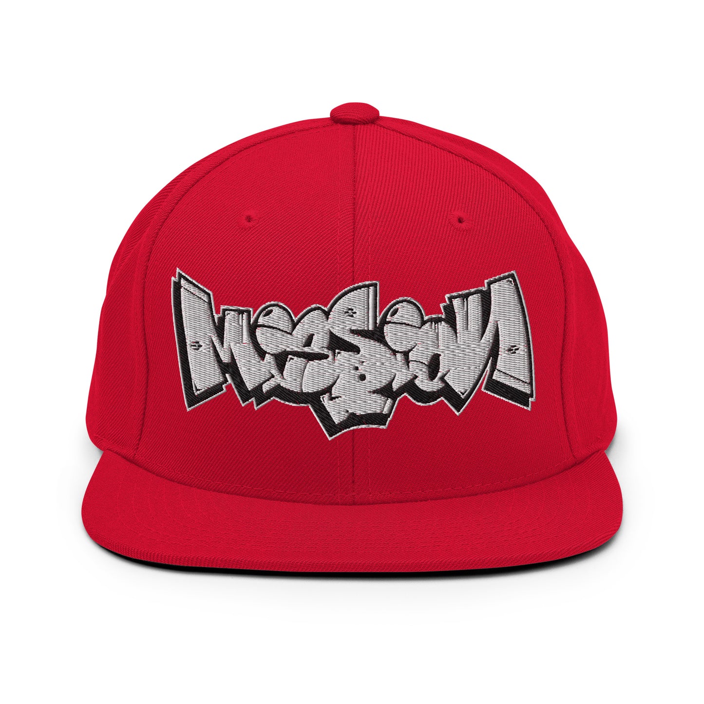 Red-Mission Graffiti Piece Snapback Hat from B.Different Clothing, front view, graffiti-inspired streetwear