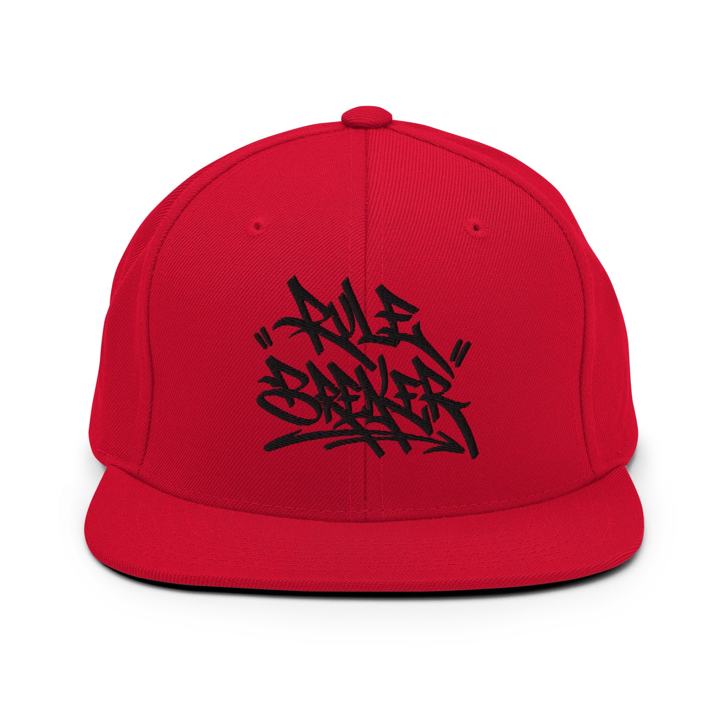 Red-Rule Breaker Graffiti Tag Snapback Hat from B.Different Clothing, front view, graffiti-inspired streetwear