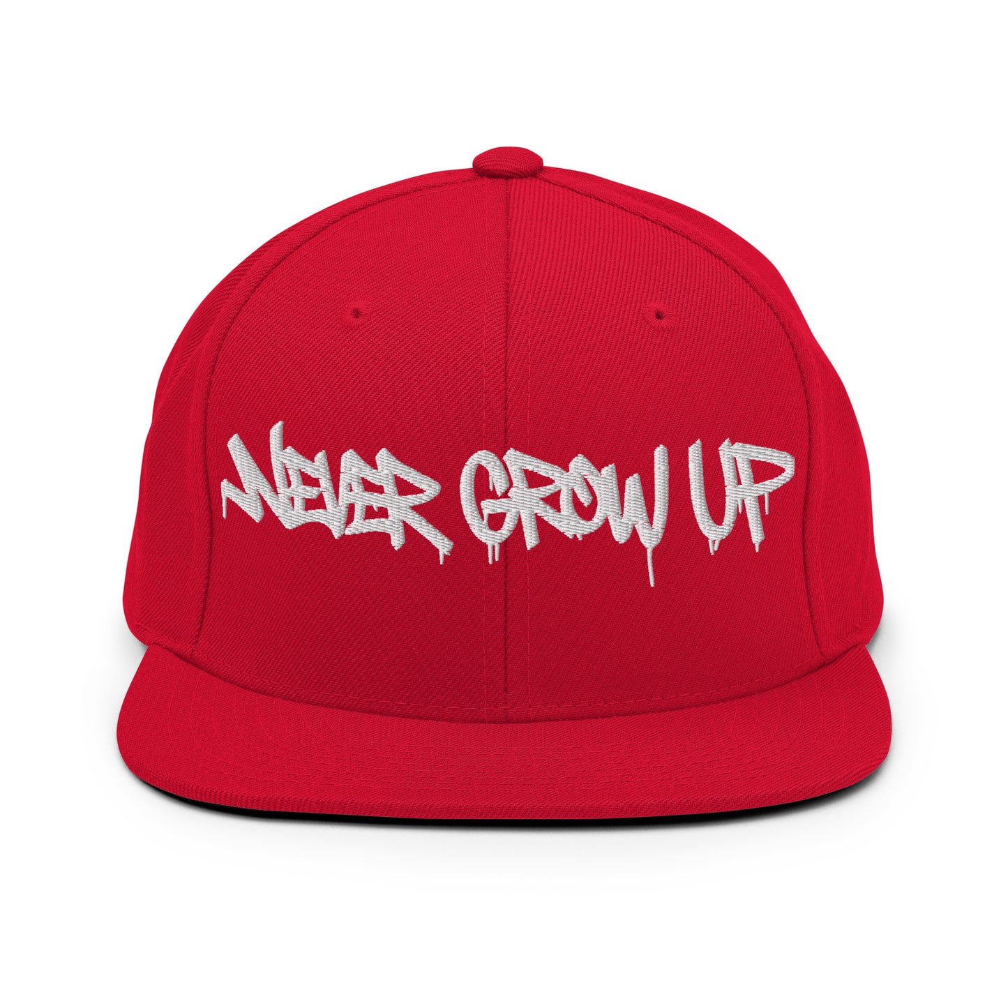 Red-Never Grow Up Graffiti Snapback Hat from B.Different Clothing, front view, graffiti-inspired streetwear