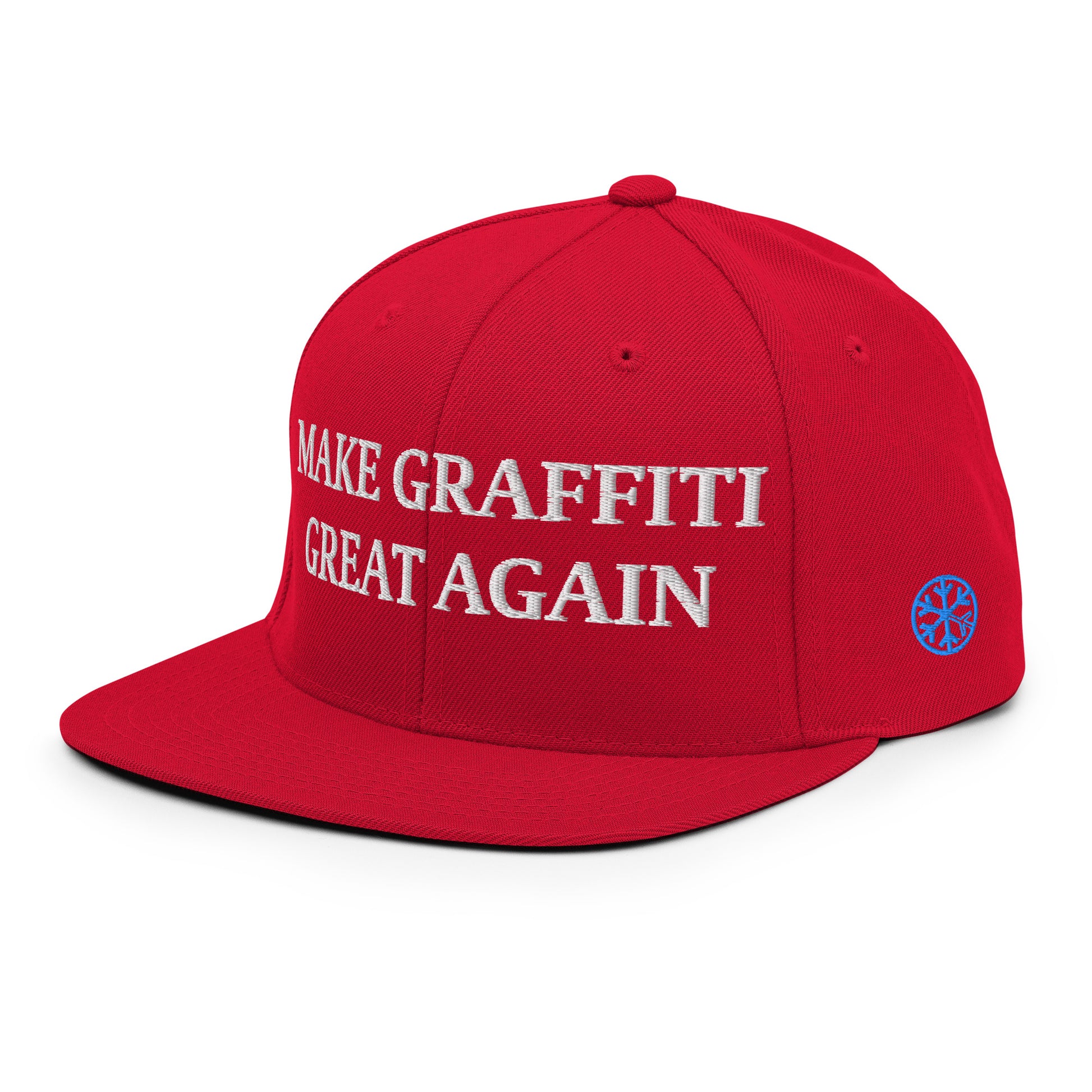 Red-Make Graffiti Great Again Snapback Hat from B.Different Clothing, 3/4 left view, graffiti-inspired streetwear