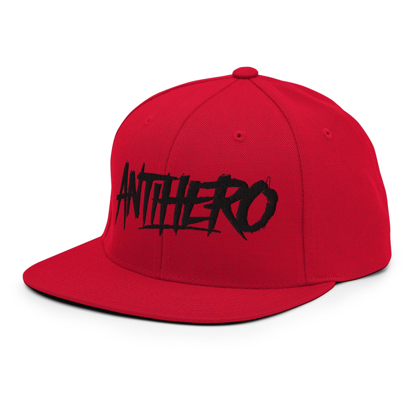 Red-Antihero Graffiti Tag Snapback Hat from B.Different Clothing, 3/4 left view, graffiti-inspired streetwear