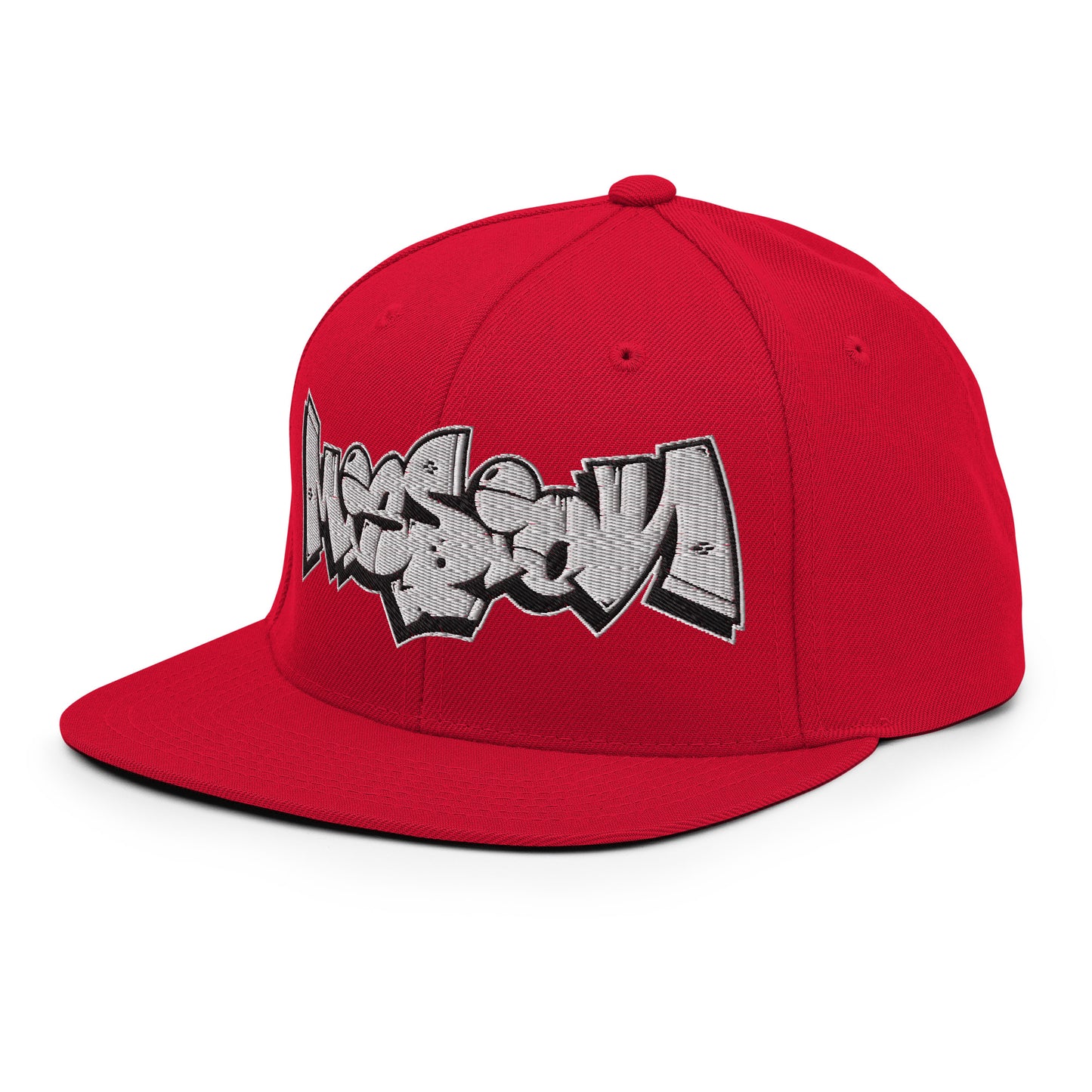 Red-Mission Graffiti Piece Snapback Hat from B.Different Clothing, 3/4 left view, graffiti-inspired streetwear