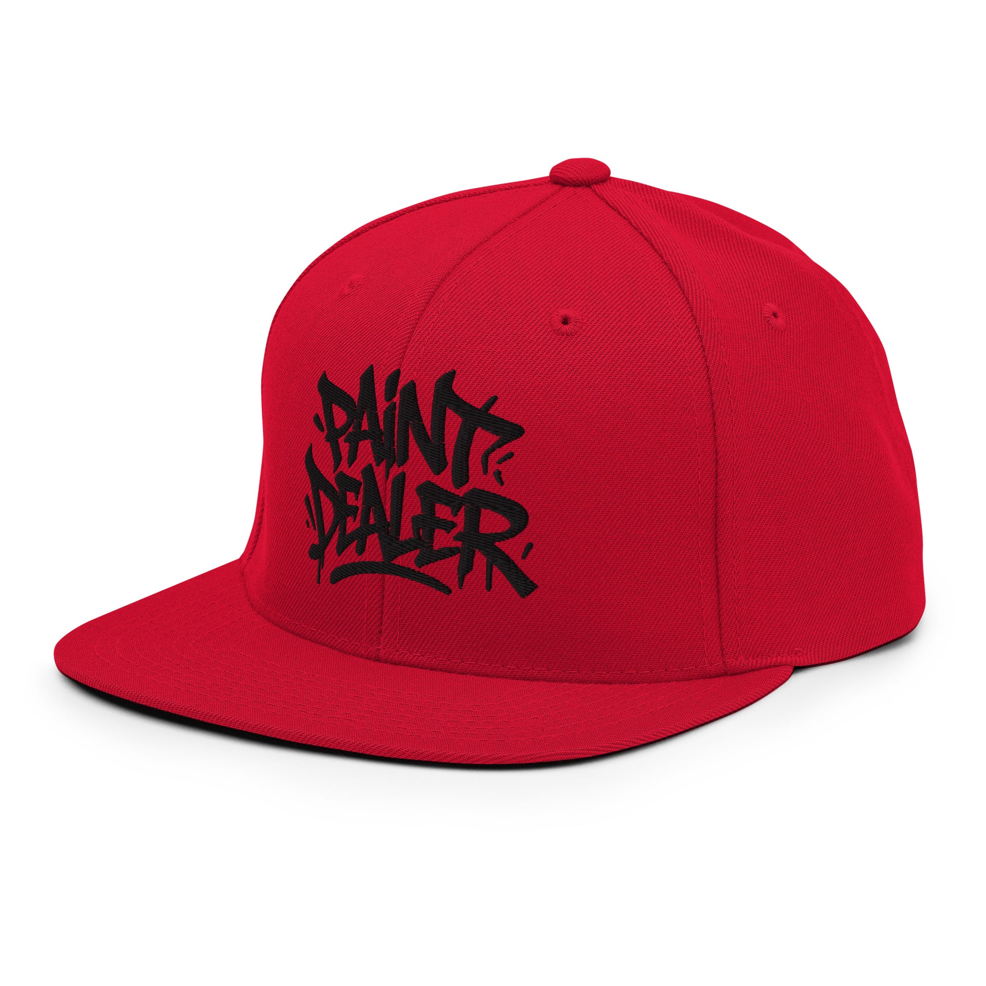 Red-Paint Dealer Graffiti Tag Snapback Hat from B.Different Clothing, 3/4 left view, graffiti-inspired streetwear