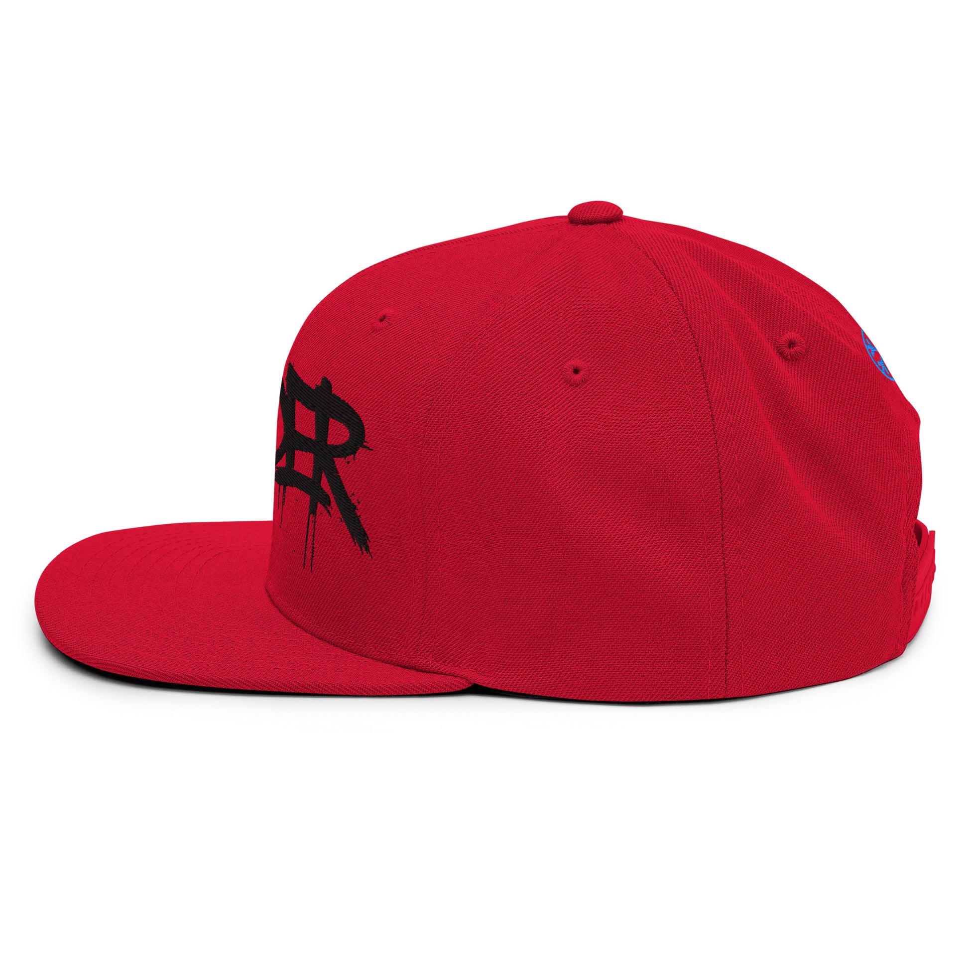 Red-Outsider Graffiti Tag Snapback Hat from B.Different Clothing, left view, graffiti-inspired streetwear