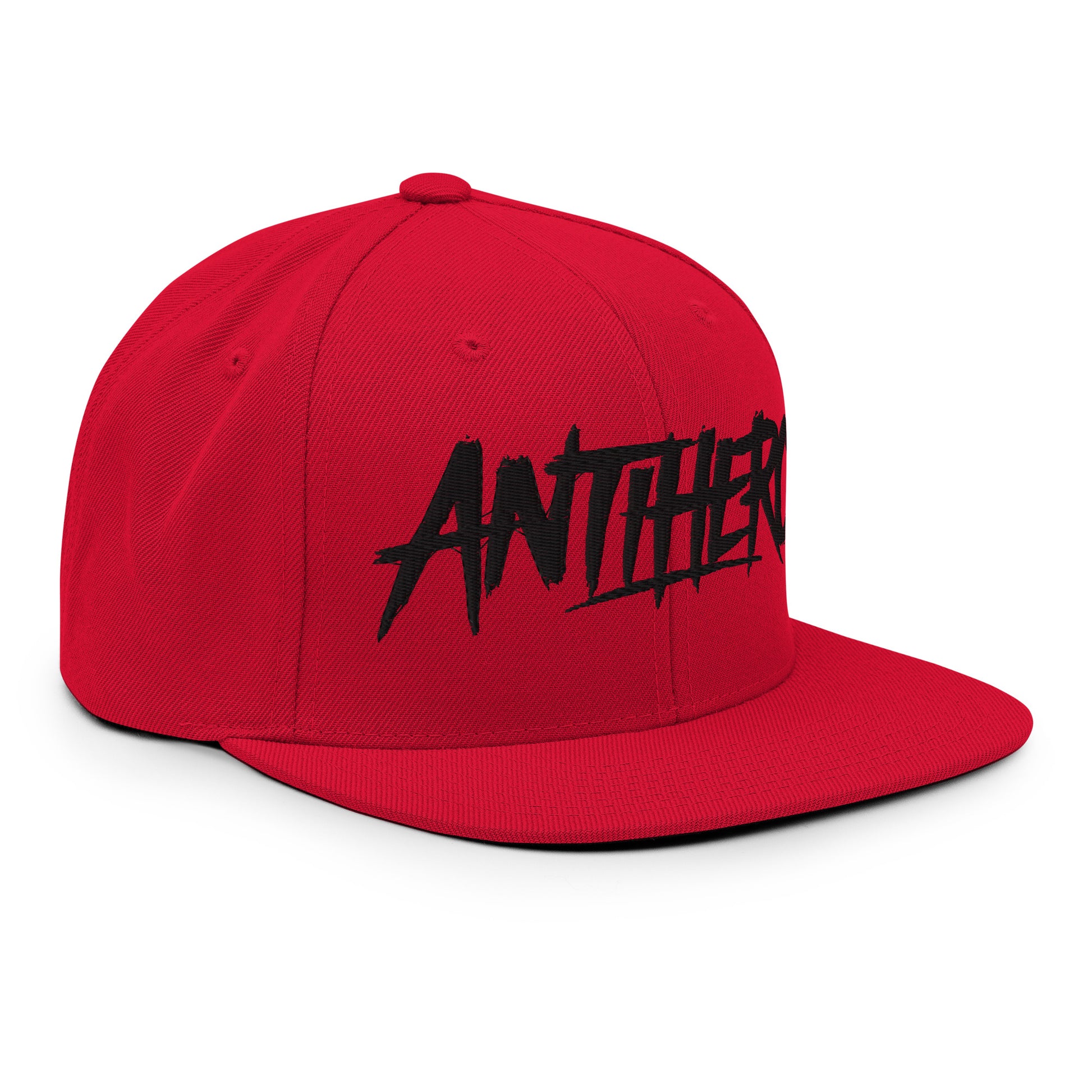 Red-Antihero Graffiti Tag Snapback Hat from B.Different Clothing, 3/4 right view, graffiti-inspired streetwear