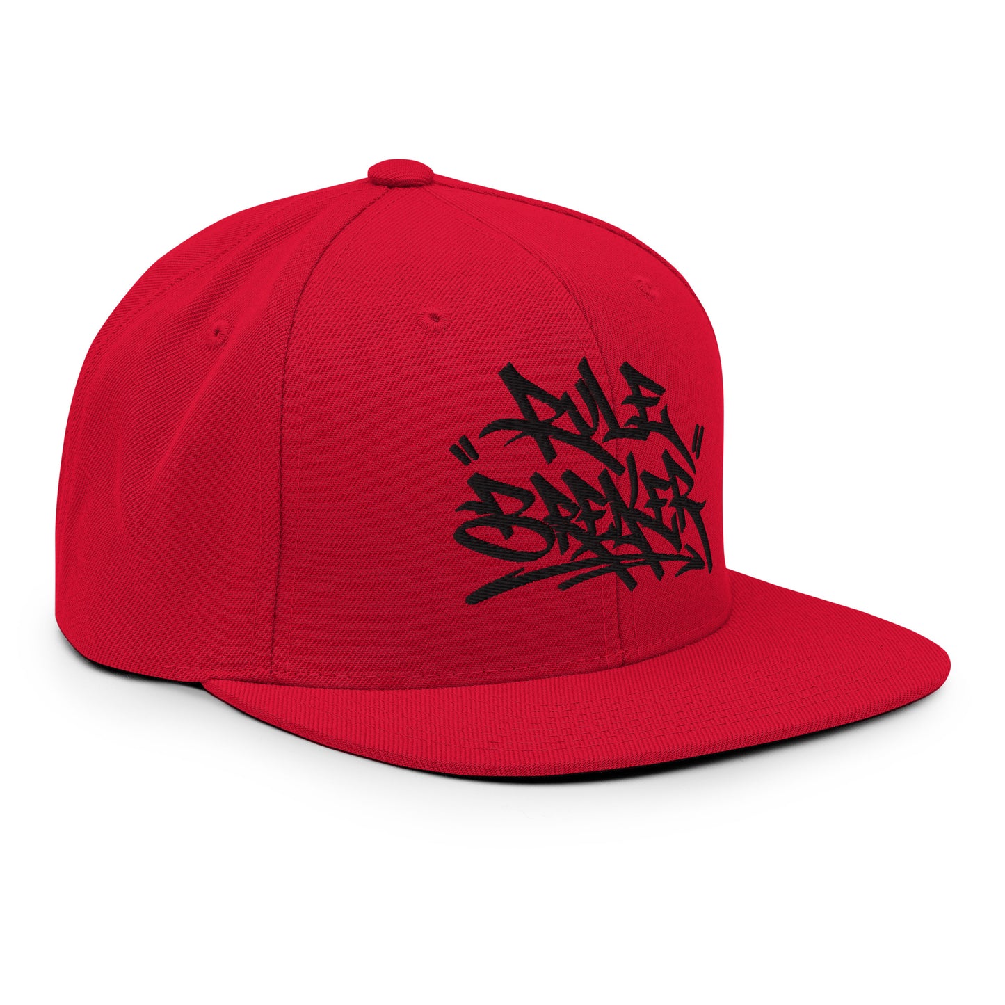 Red-Rule Breaker Graffiti Tag Snapback Hat from B.Different Clothing, right front, graffiti-inspired streetwear