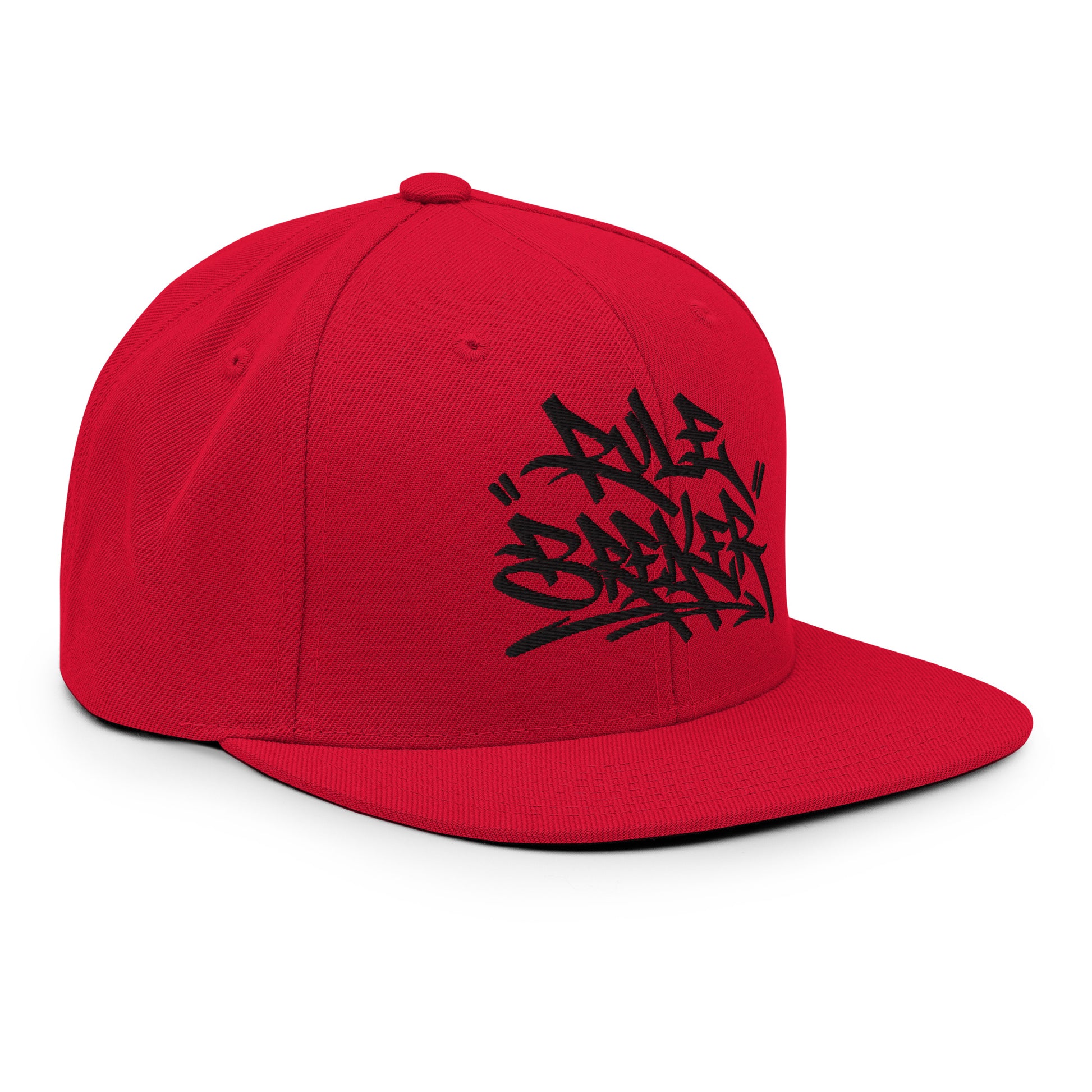 Red-Rule Breaker Graffiti Tag Snapback Hat from B.Different Clothing, right front, graffiti-inspired streetwear