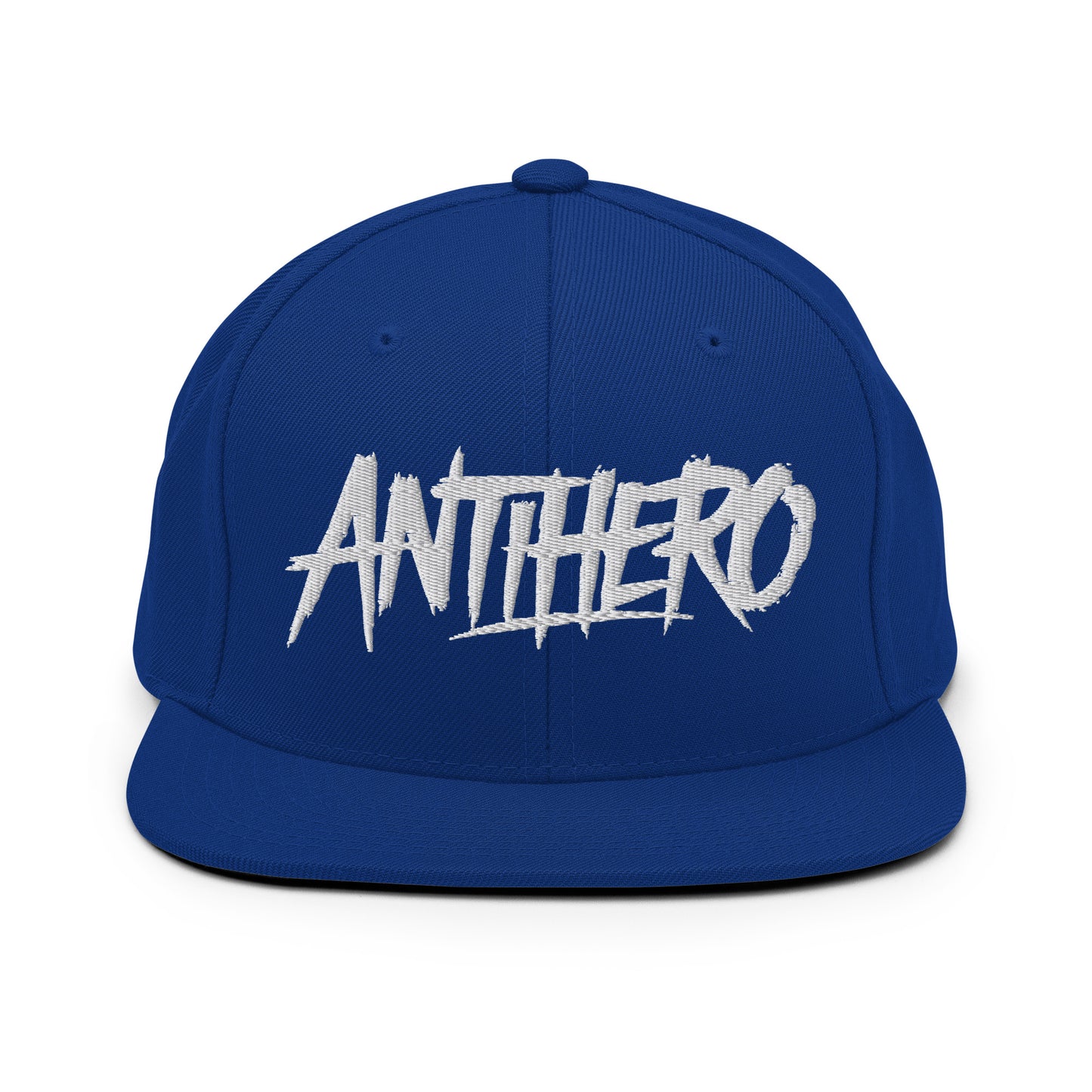 Blue-Antihero Graffiti Tag Snapback Hat from B.Different Clothing, front view, graffiti-inspired streetwear