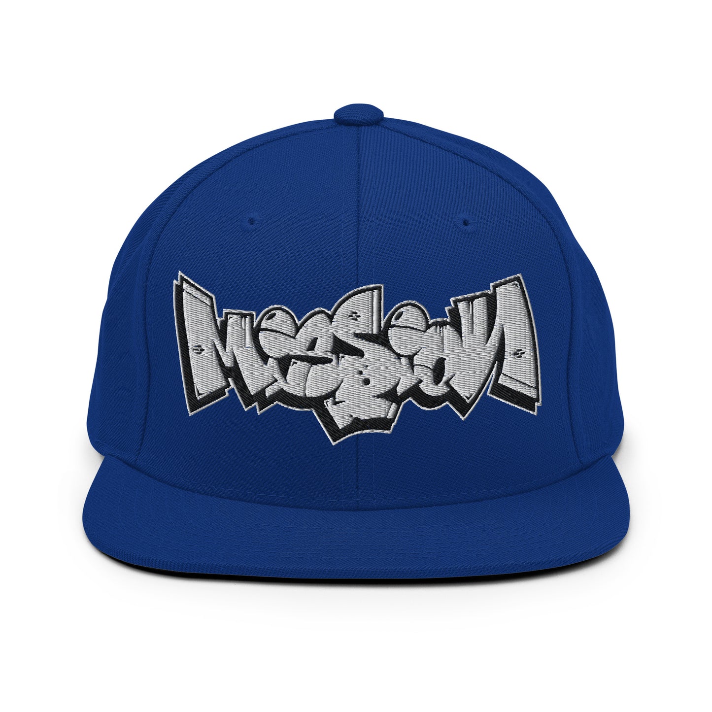 Blue-Mission Graffiti Piece Snapback Hat from B.Different Clothing, front view, graffiti-inspired streetwear