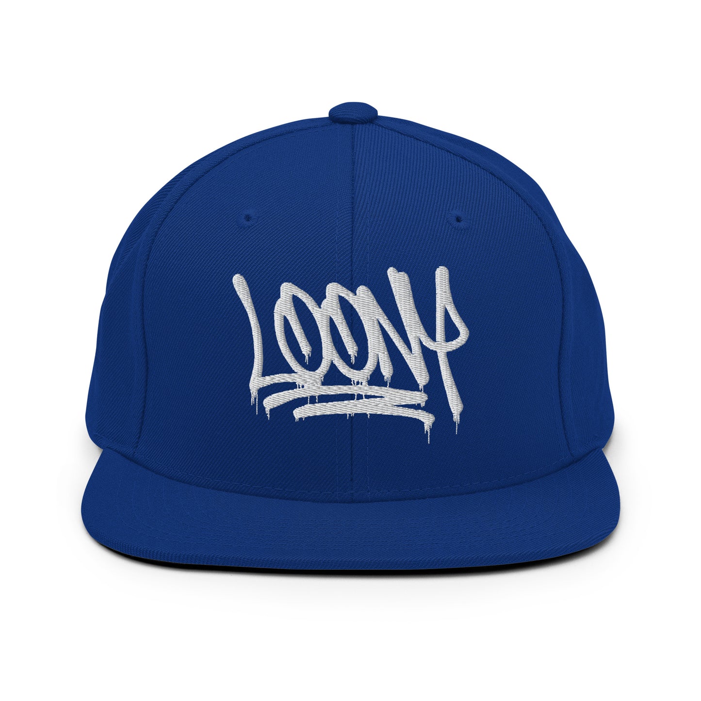 Blue-Loony Graffiti Tag Snapback Hat from B.Different Clothing, front view, graffiti-inspired streetwear