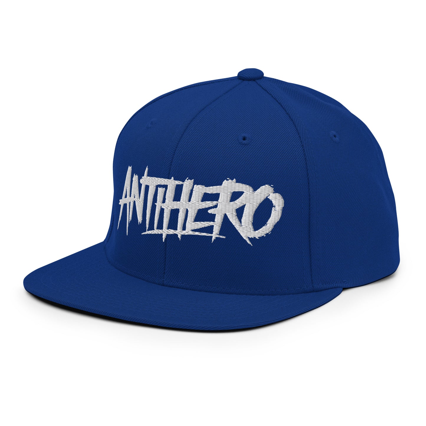 Blue-Antihero Graffiti Tag Snapback Hat from B.Different Clothing, 3/4 left view, graffiti-inspired streetwear