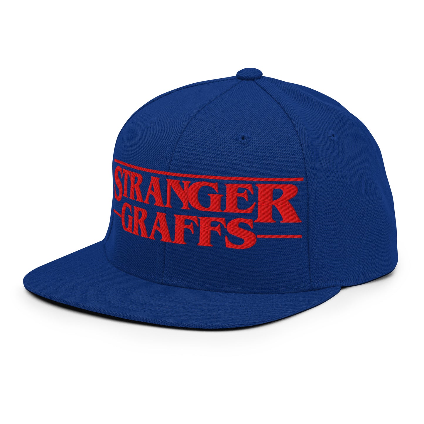 Blue-Stranger Graffs Snapback Hat from B.Different Clothing, 3/4 left view, graffiti-inspired streetwear
