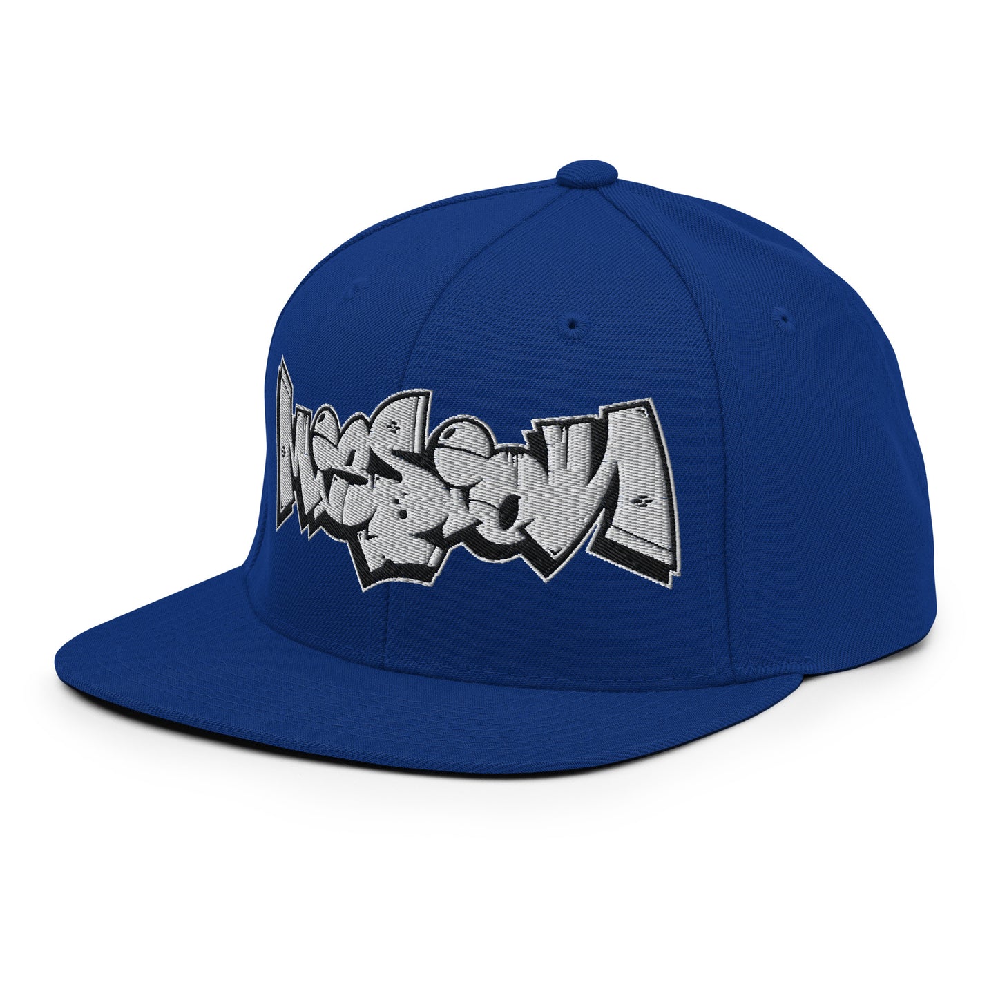 Blue-Mission Graffiti Piece Snapback Hat from B.Different Clothing, 3/4 left view, graffiti-inspired streetwear