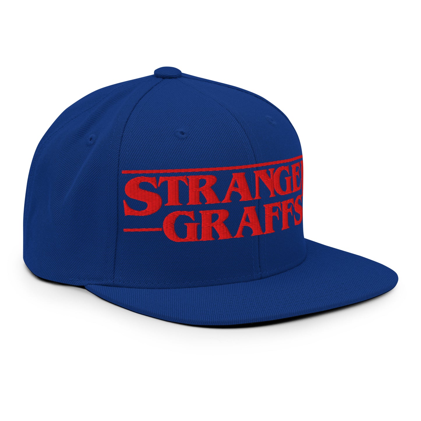 Blue-Stranger Graffs Snapback Hat from B.Different Clothing, 3/4 right view, graffiti-inspired streetwear