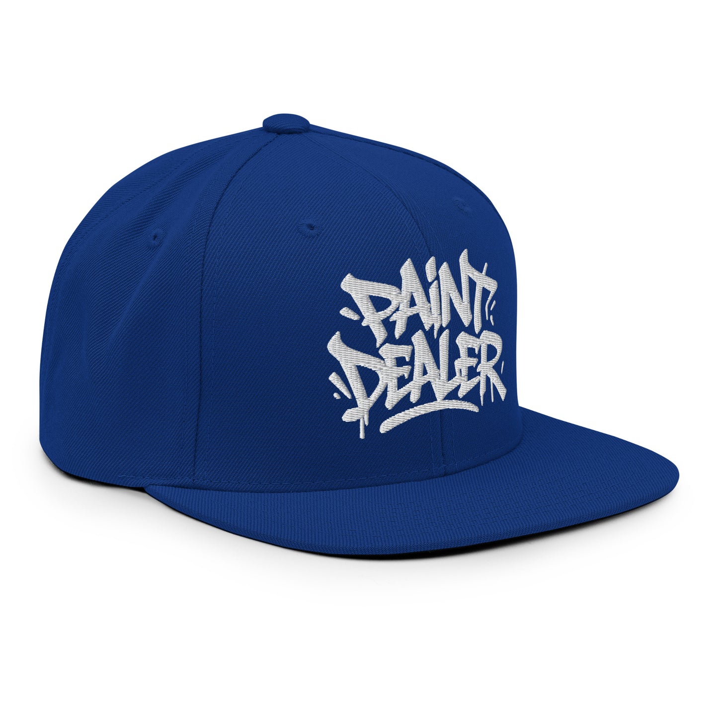 Blue-Paint Dealer Graffiti Tag Snapback Hat from B.Different Clothing, 3/4 right view, graffiti-inspired streetwear