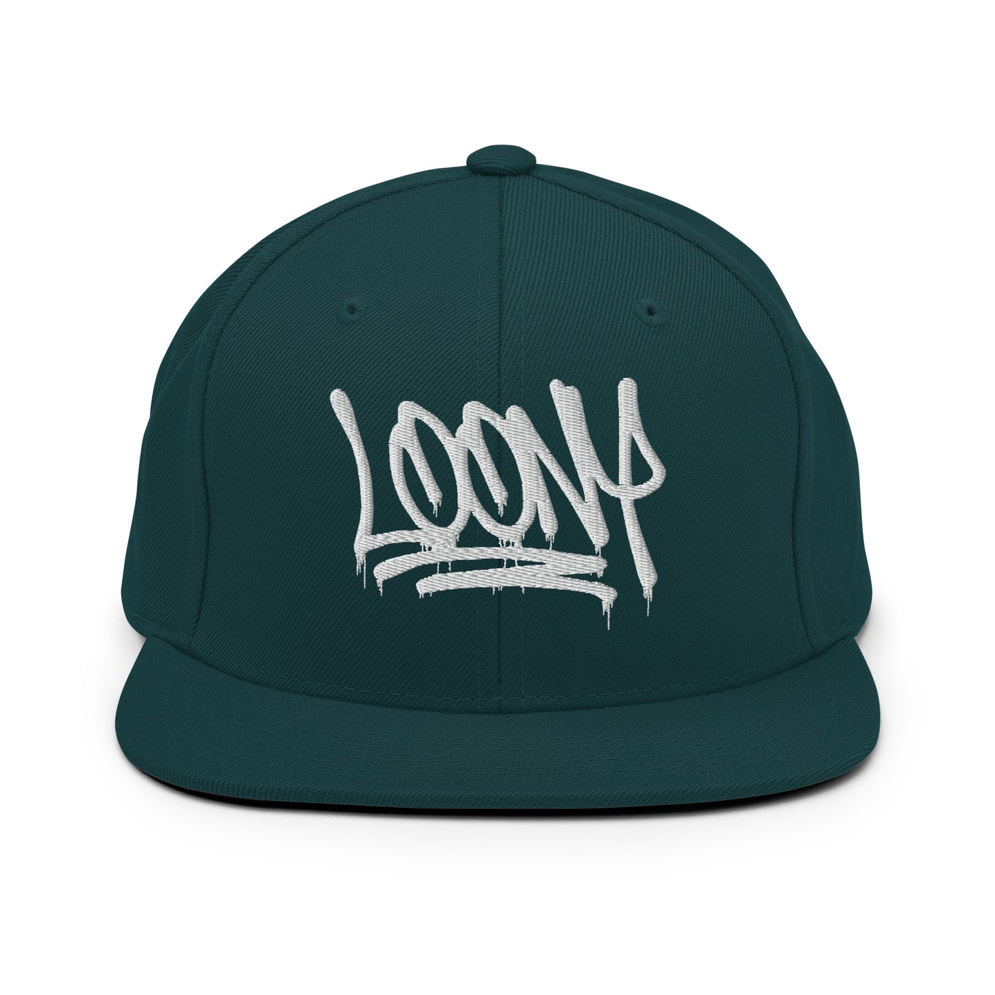 Green-Loony Graffiti Tag Snapback Hat from B.Different Clothing, front view, graffiti-inspired streetwear