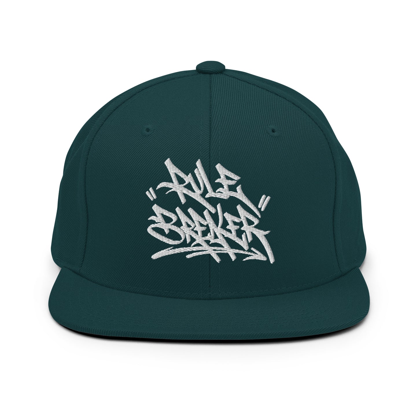 Spruce-Rule Breaker Graffiti Tag Snapback Hat from B.Different Clothing, front view, graffiti-inspired streetwear