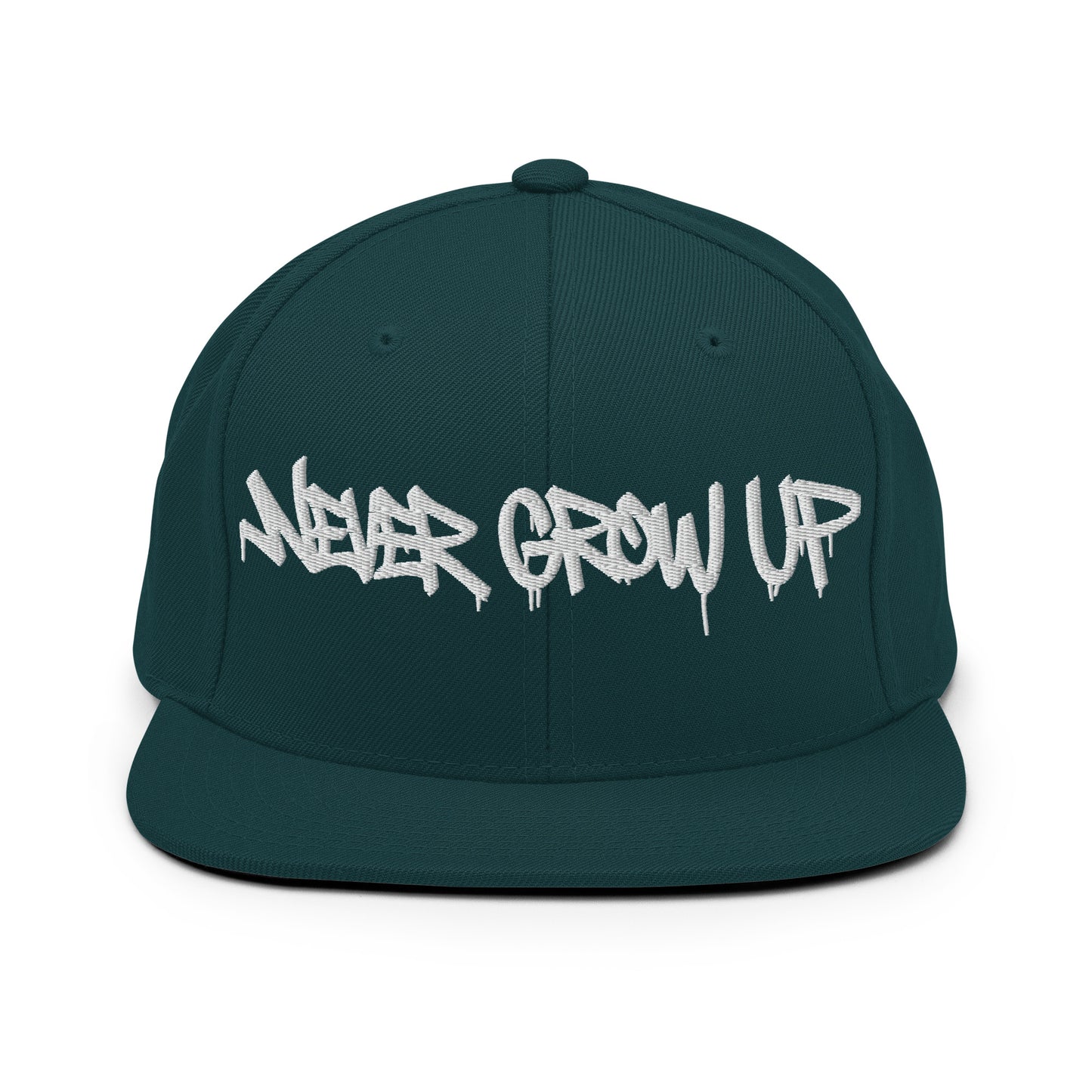 Spruce-Never Grow Up Graffiti Snapback Hat from B.Different Clothing, front view, graffiti-inspired streetwear