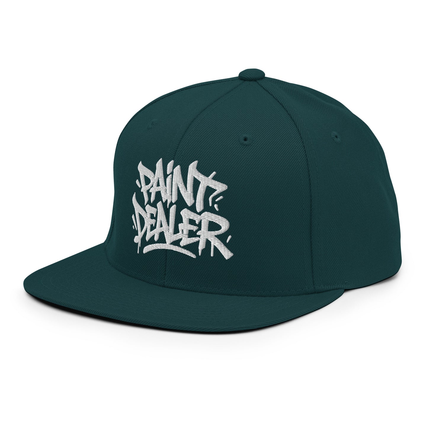 Green-Paint Dealer Graffiti Tag Snapback Hat from B.Different Clothing, 3/4 left view, graffiti-inspired streetwear