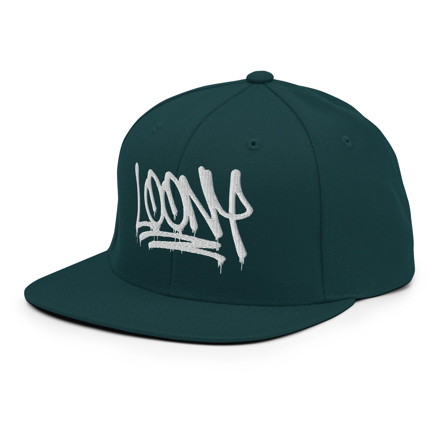 Green-Loony Graffiti Tag Snapback Hat from B.Different Clothing, 3/4 left view, graffiti-inspired streetwear