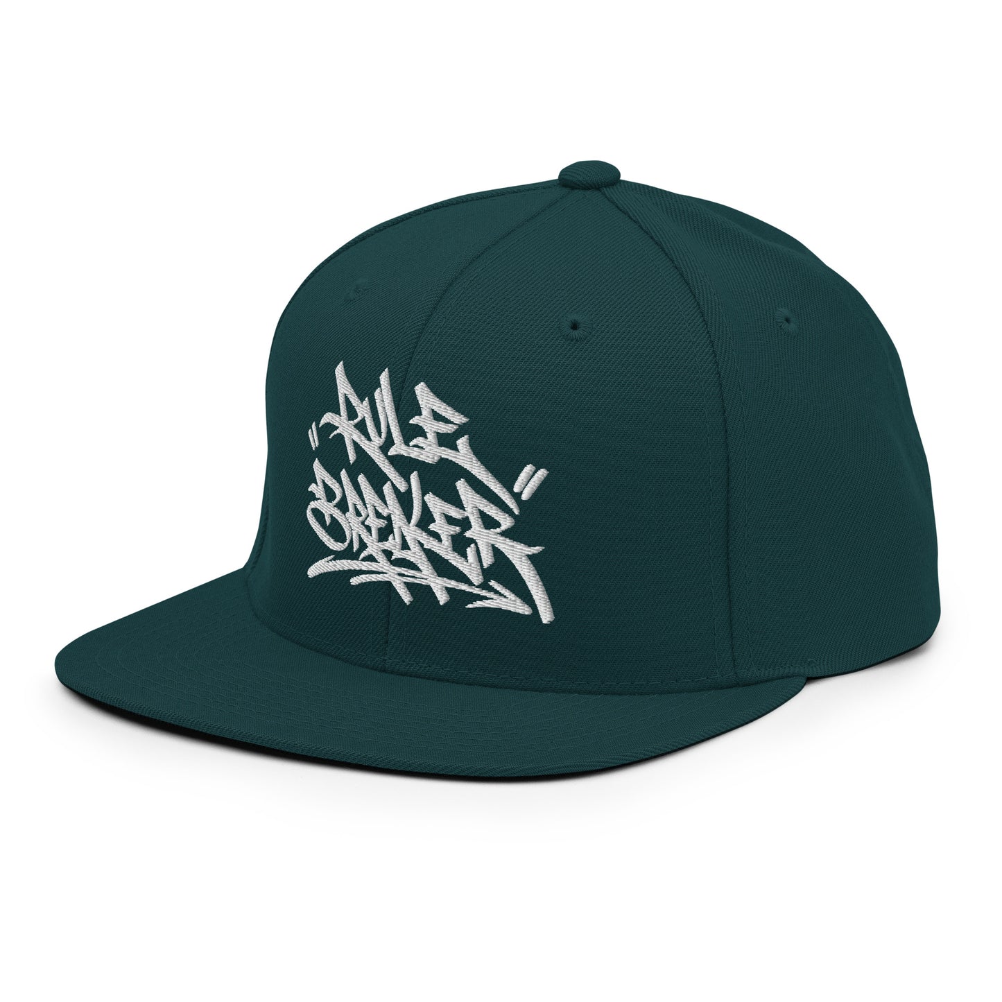 Spruce-Rule Breaker Graffiti Tag Snapback Hat from B.Different Clothing, left front, graffiti-inspired streetwear