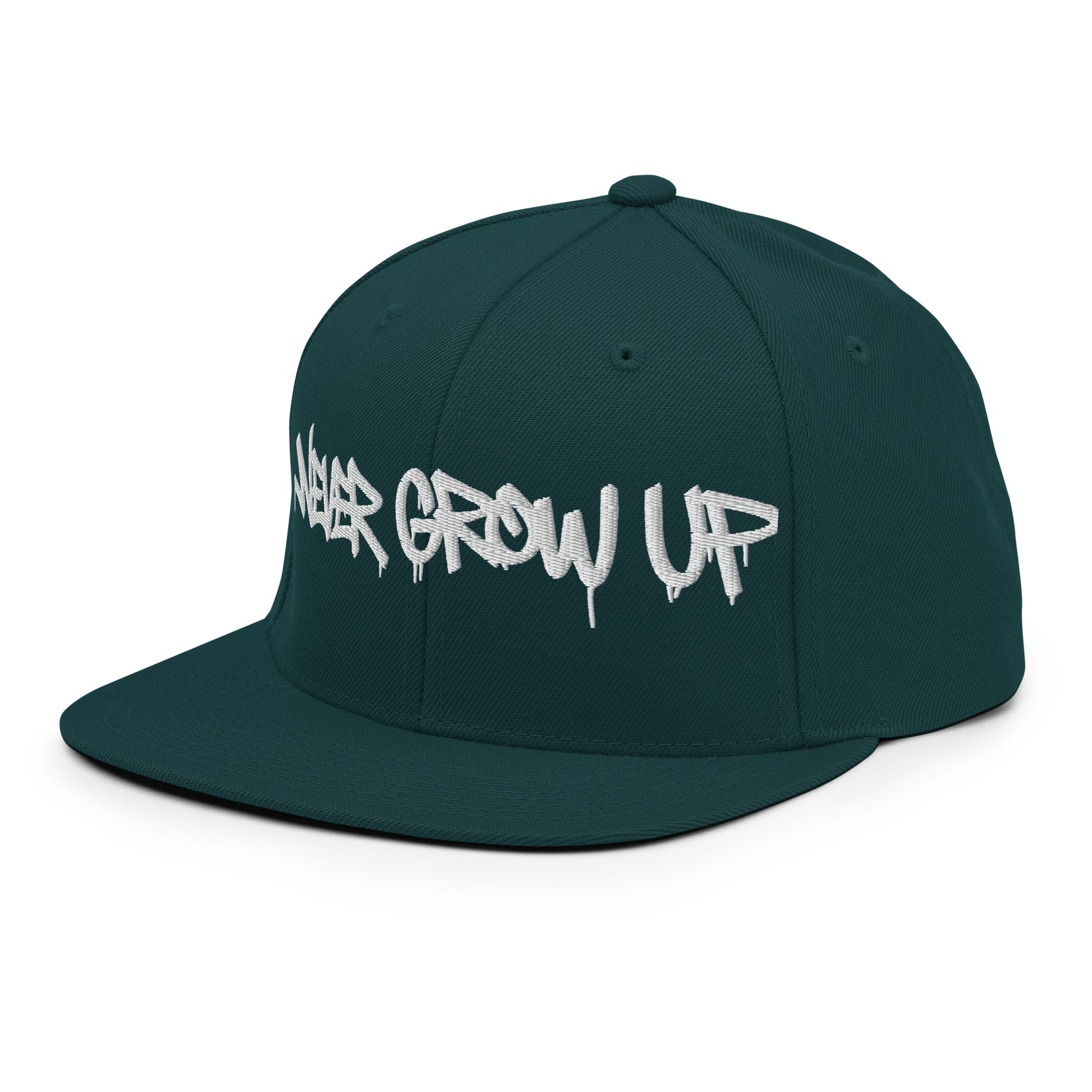 Spruce-Never Grow Up Graffiti Snapback Hat from B.Different Clothing, left front, graffiti-inspired streetwear