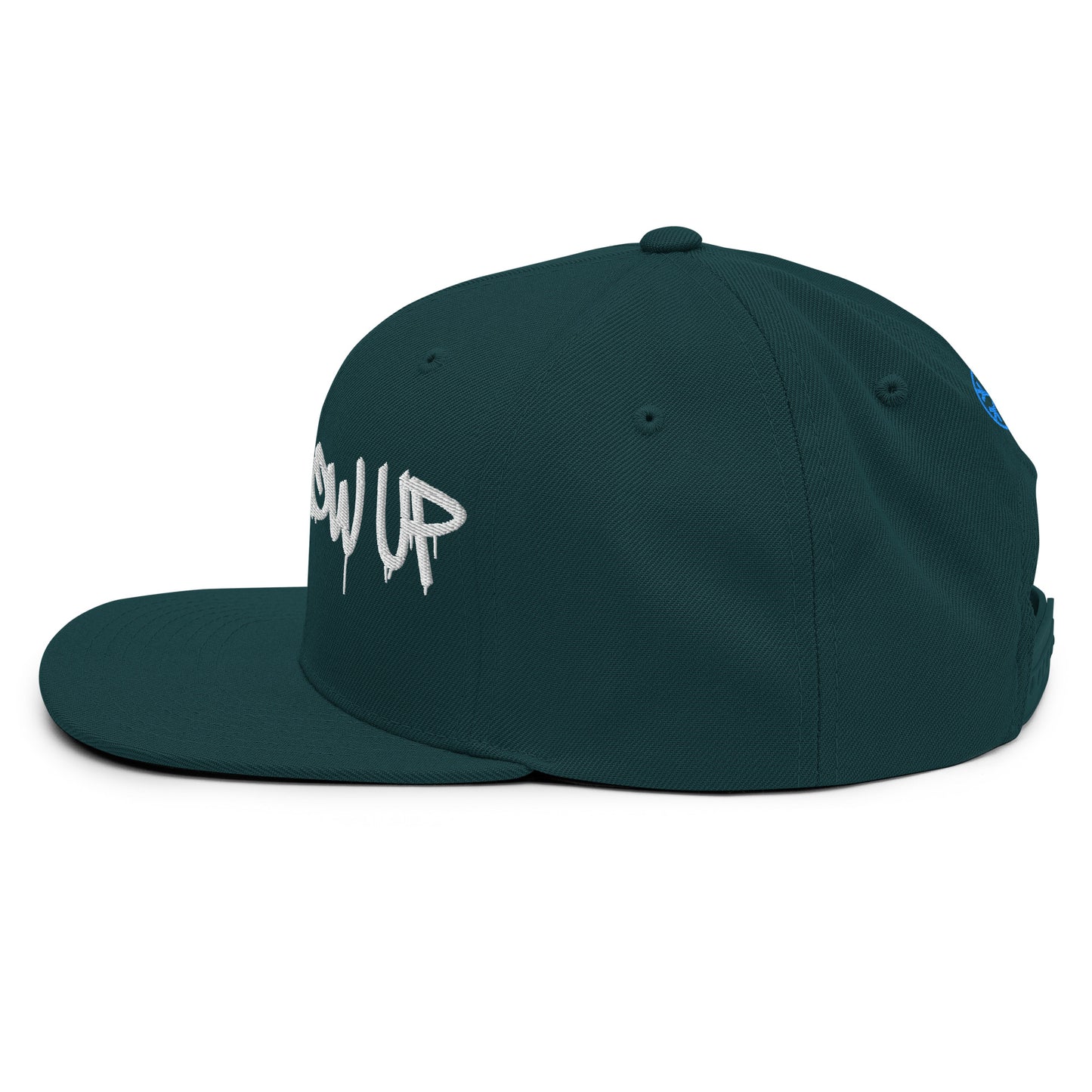 Spruce-Never Grow Up Graffiti Snapback Hat from B.Different Clothing, left side, graffiti-inspired streetwear