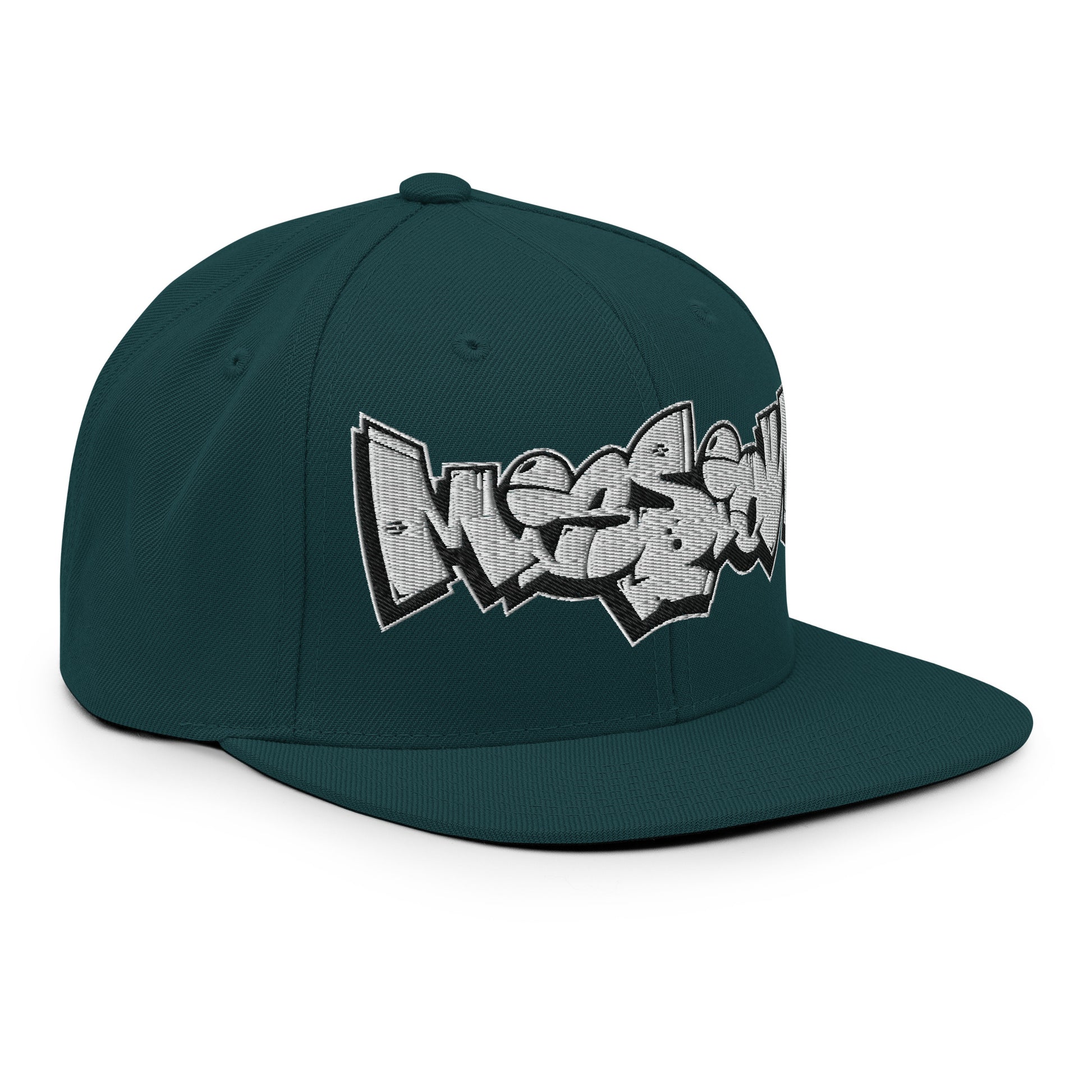Green-Mission Graffiti Piece Snapback Hat from B.Different Clothing, 3/4 right view, graffiti-inspired streetwear
