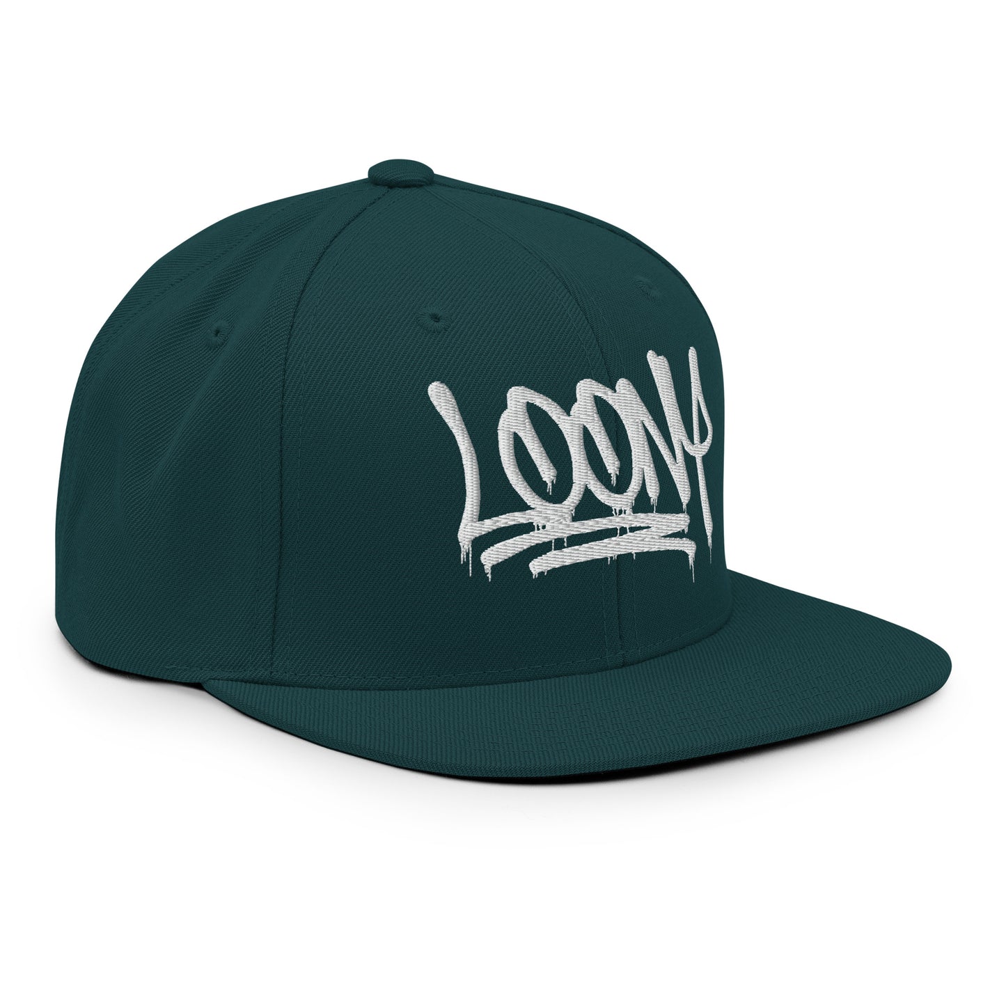 Green-Loony Graffiti Tag Snapback Hat from B.Different Clothing, 3/4 right view, graffiti-inspired streetwear
