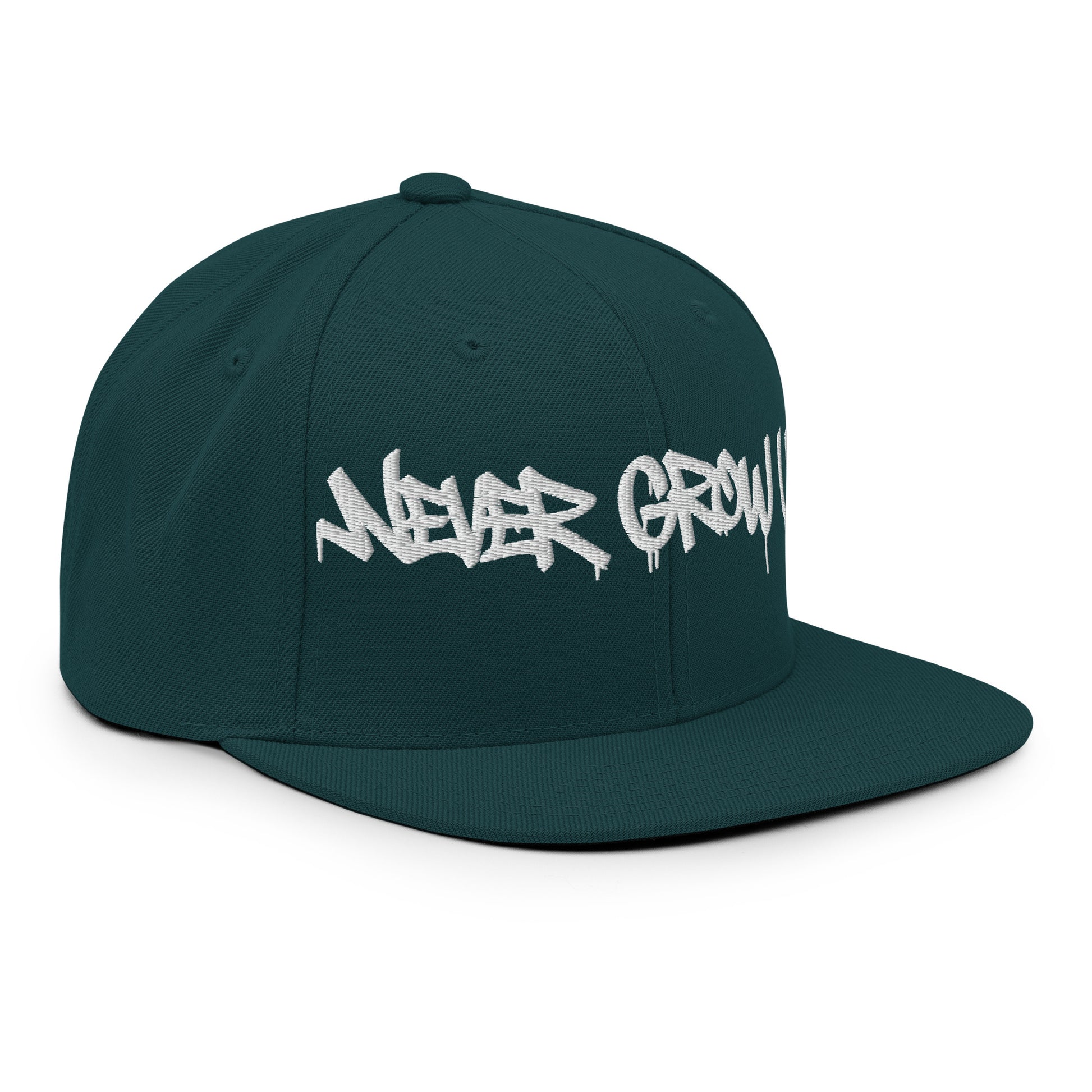 Spruce-Never Grow Up Graffiti Snapback Hat from B.Different Clothing, right front, graffiti-inspired streetwear