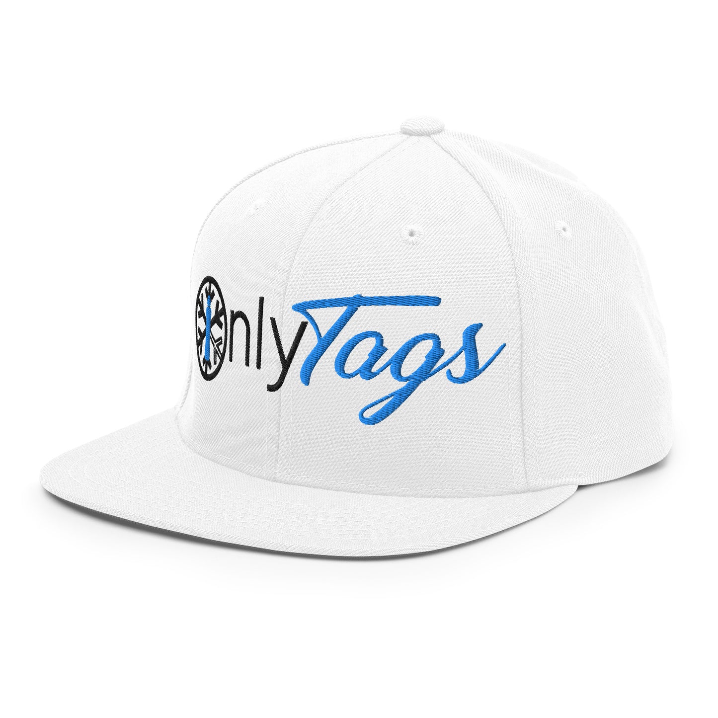 White-Only Tags Graffiti Snapback Hat from B.Different Clothing, 3/4 left view, graffiti-inspired streetwear