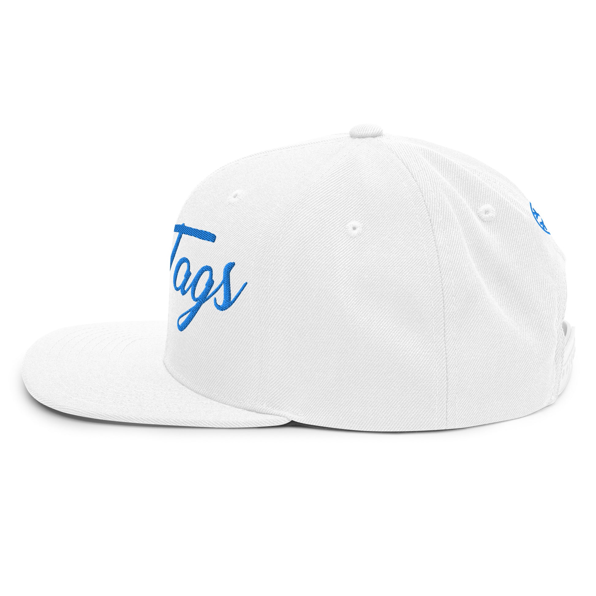 White-Only Tags Graffiti Snapback Hat from B.Different Clothing, left view, graffiti-inspired streetwear