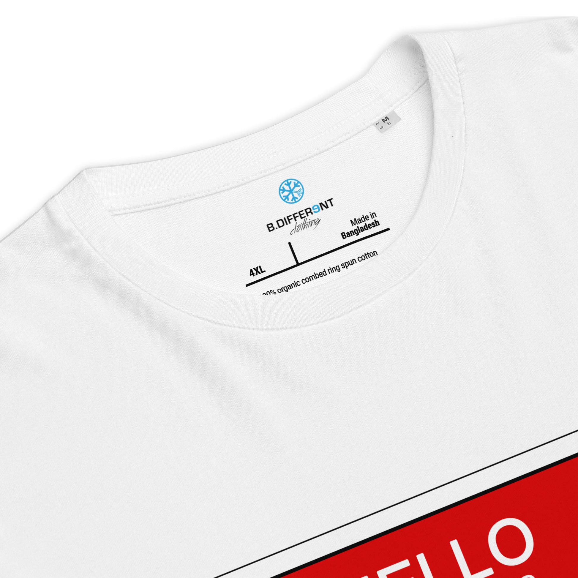 White-Hello My Name Is Sticker Graffiti Tee from B.Different Clothing, collar, graffiti-inspired streetwear t-shirt