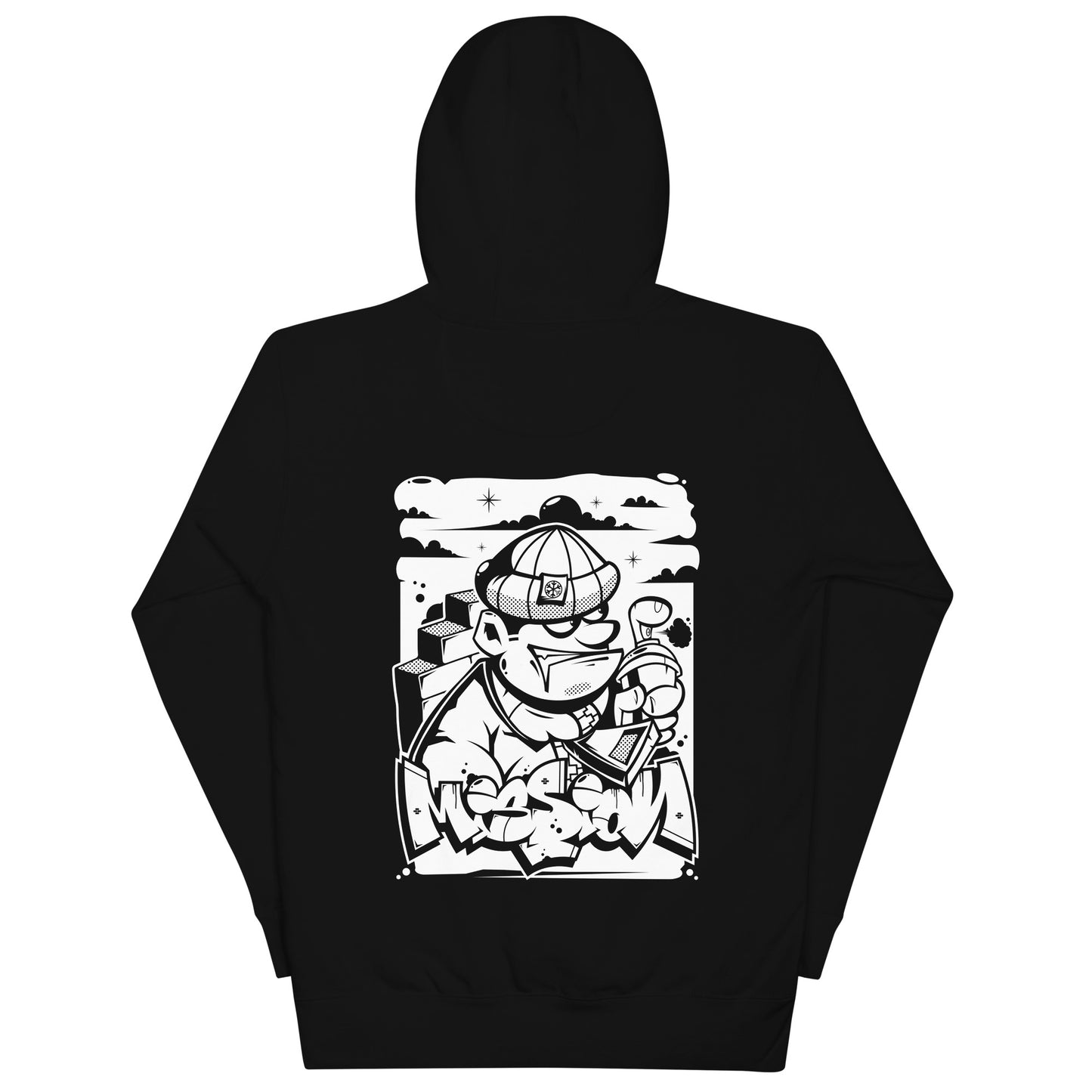 Black-Mission Graffiti Character Hoodie from B.Different Clothing, back view, graffiti-inspired streetwear
