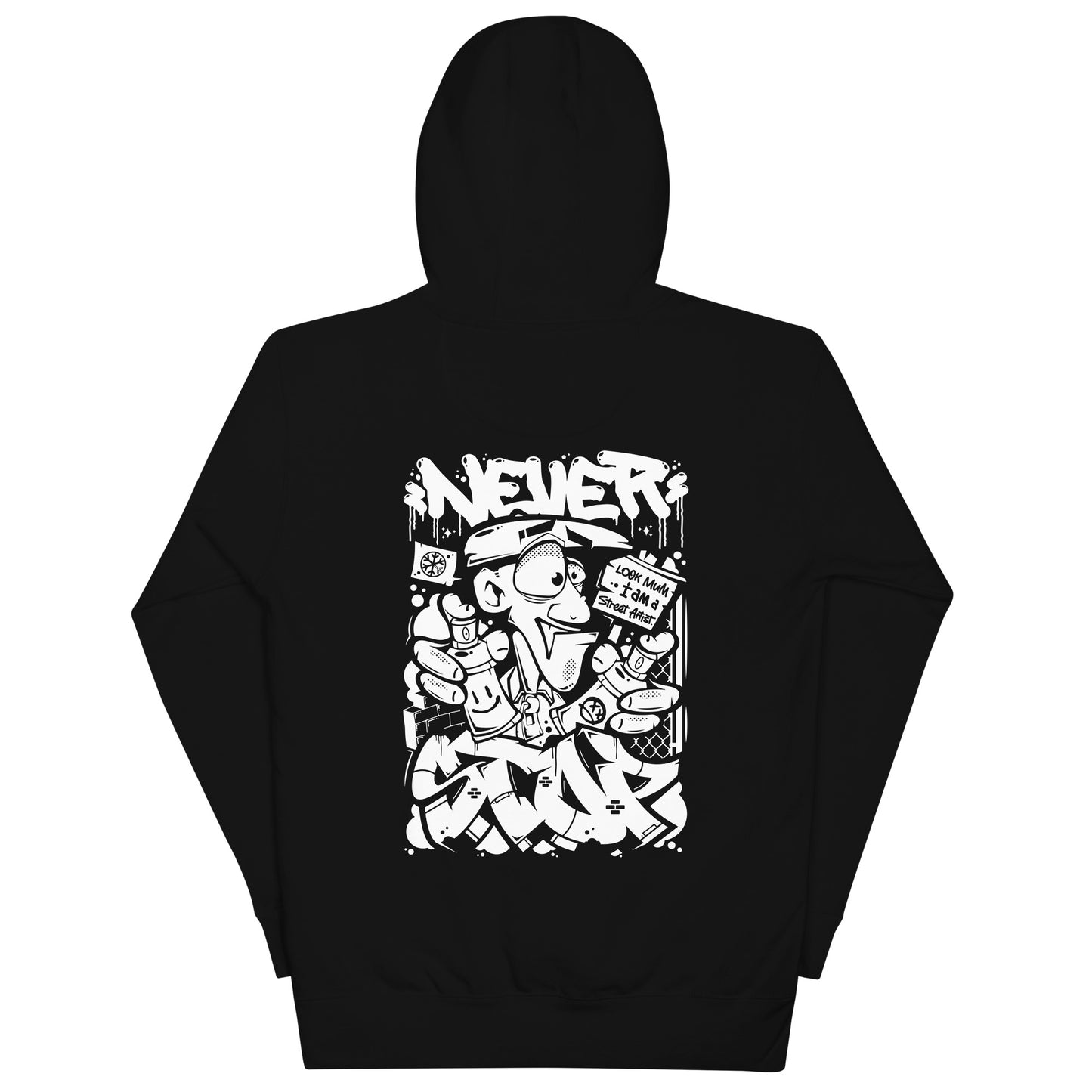 Black-Never Stop Graffiti Character Hoodie from B.Different Clothing, back view, graffiti-inspired streetwear