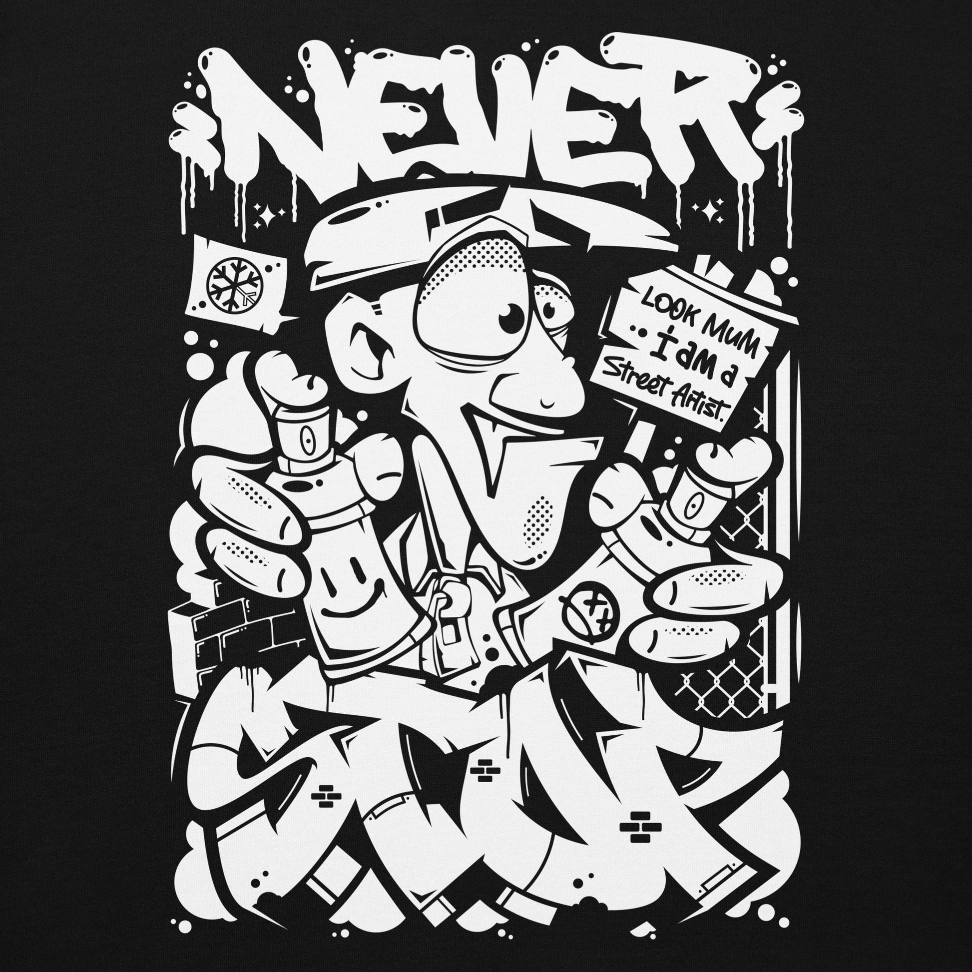 Black-Never Stop Graffiti Character Hoodie from B.Different Clothing, graphic, graffiti-inspired streetwear