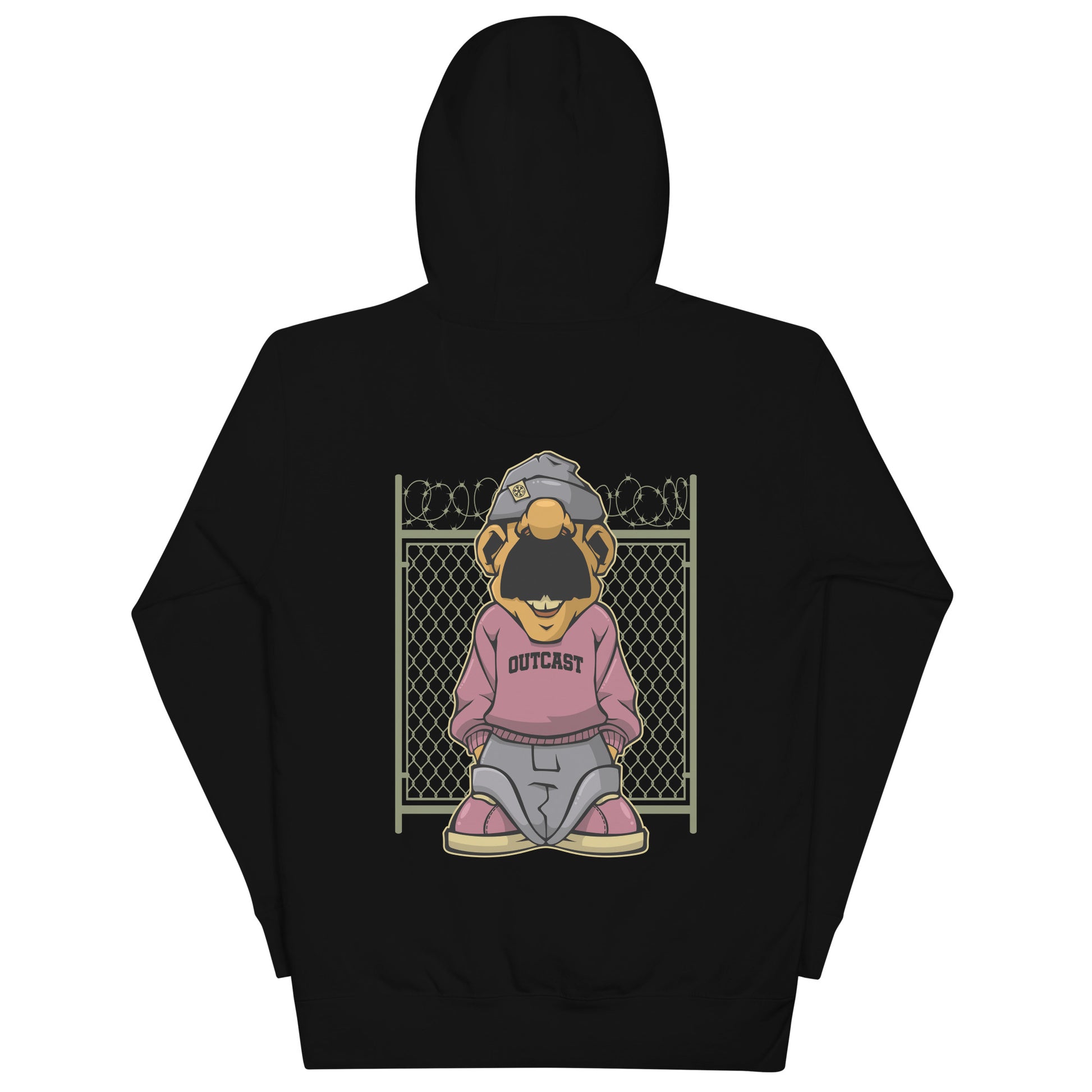 Black-Outcast Graffiti Character Hoodie from B.Different Clothing, back view, graffiti-inspired streetwear