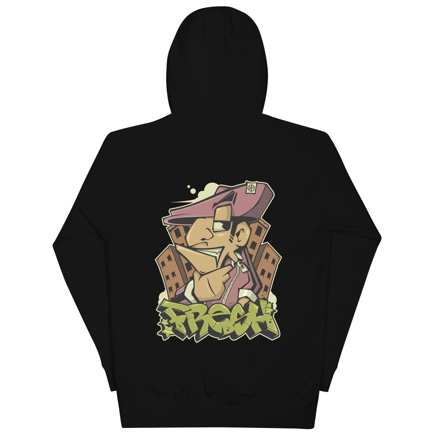 Black-Fresh Graffiti Character Hoodie from B.Different Clothing, back view, graffiti-inspired streetwear
