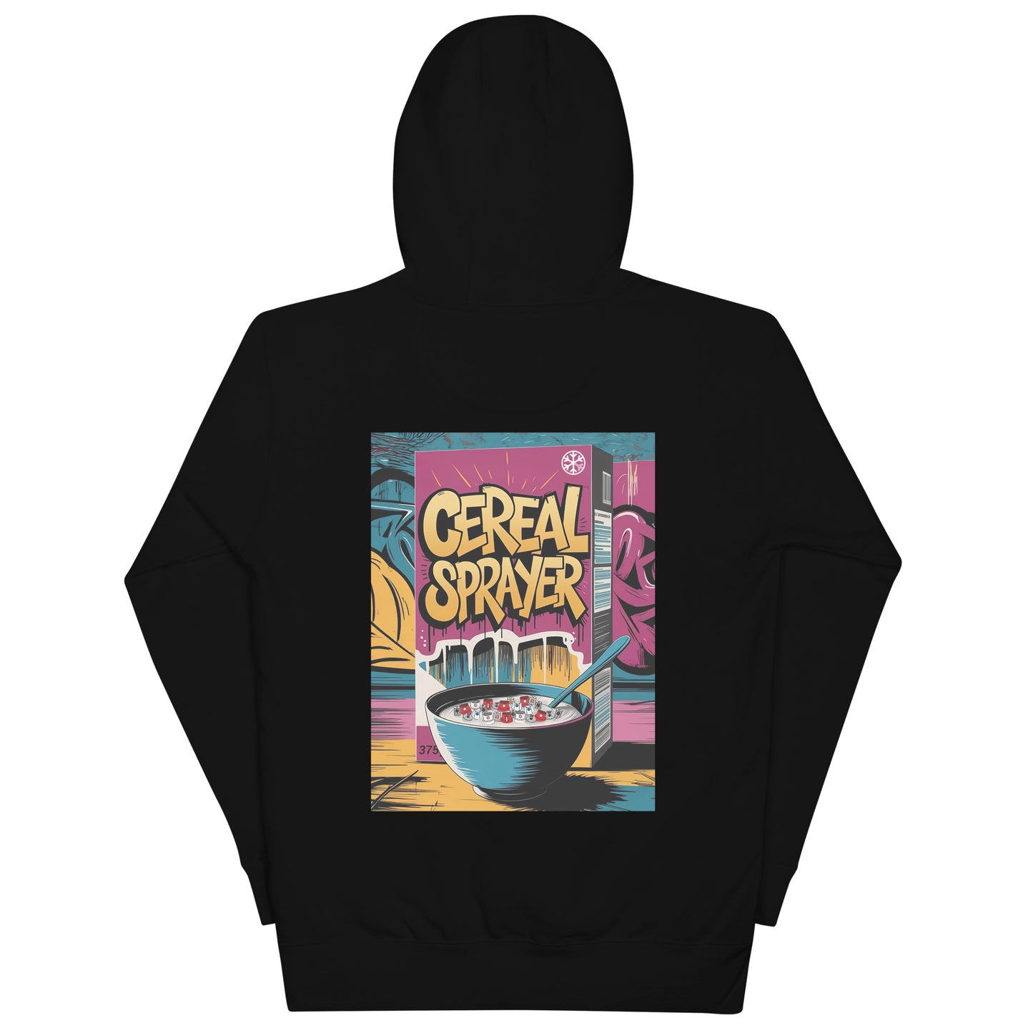 Black-Cereal Sprayer Graffiti Hoodie from B.Different Clothing, back view, graffiti-inspired streetwear