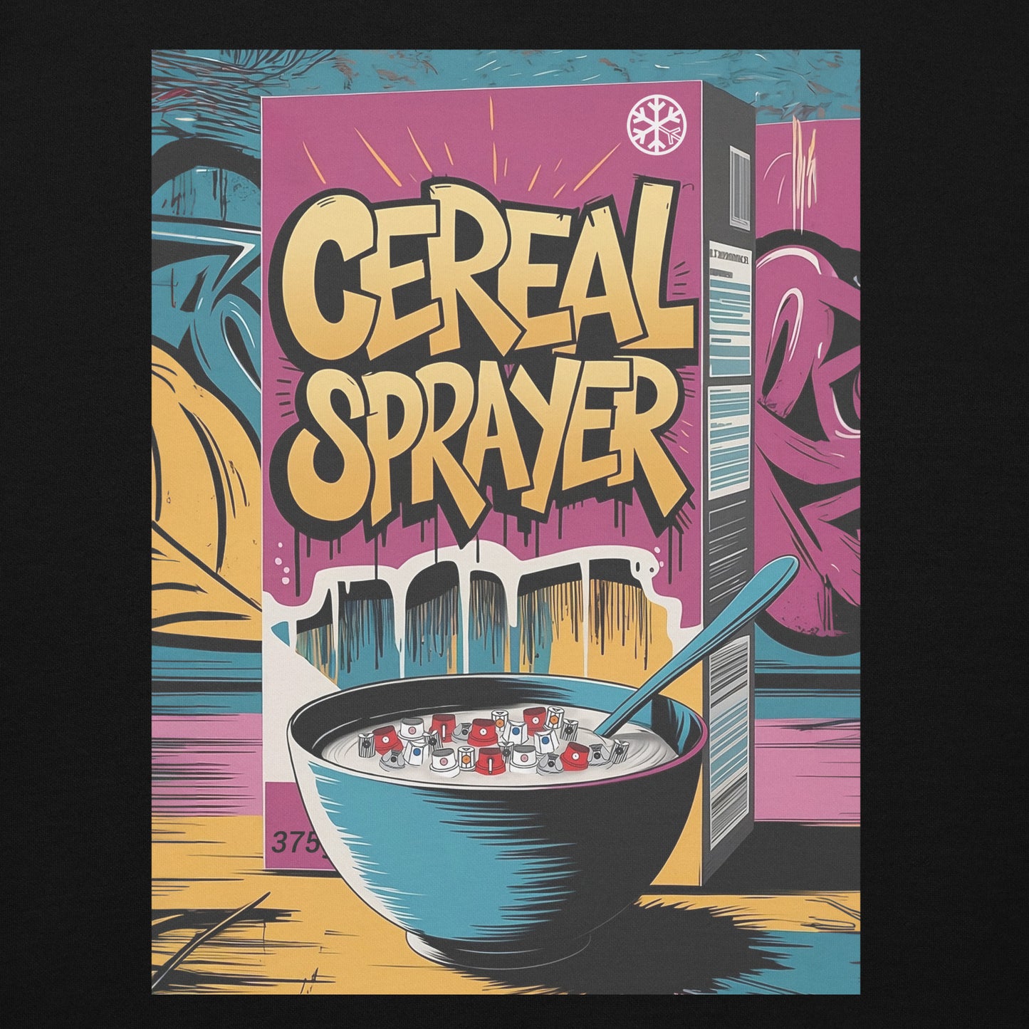 Black-Cereal Sprayer Graffiti Hoodie from B.Different Clothing, graphic, graffiti-inspired streetwear
