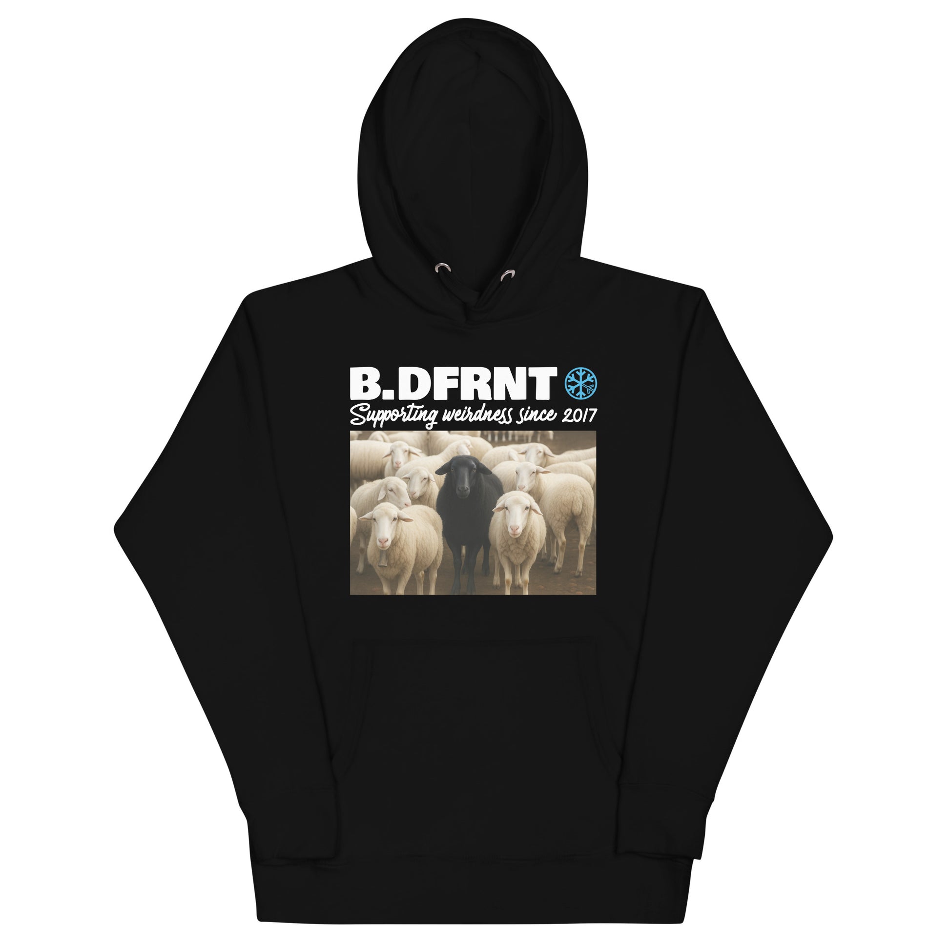 Black-Black Sheep Hoodie from B.Different Clothing, front view, graffiti-inspired streetwear